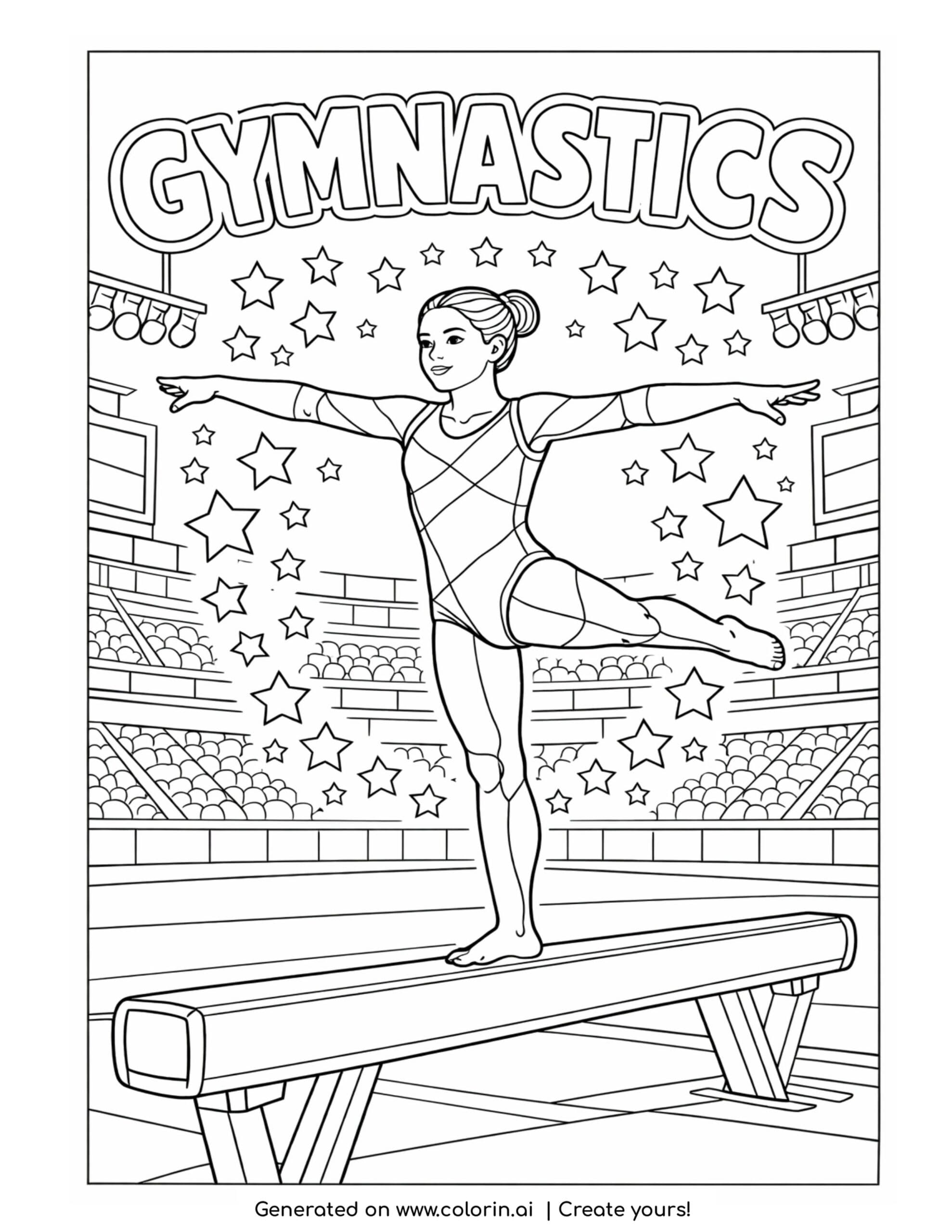 gymnast balancing on beam coloring page with stars and stadium background