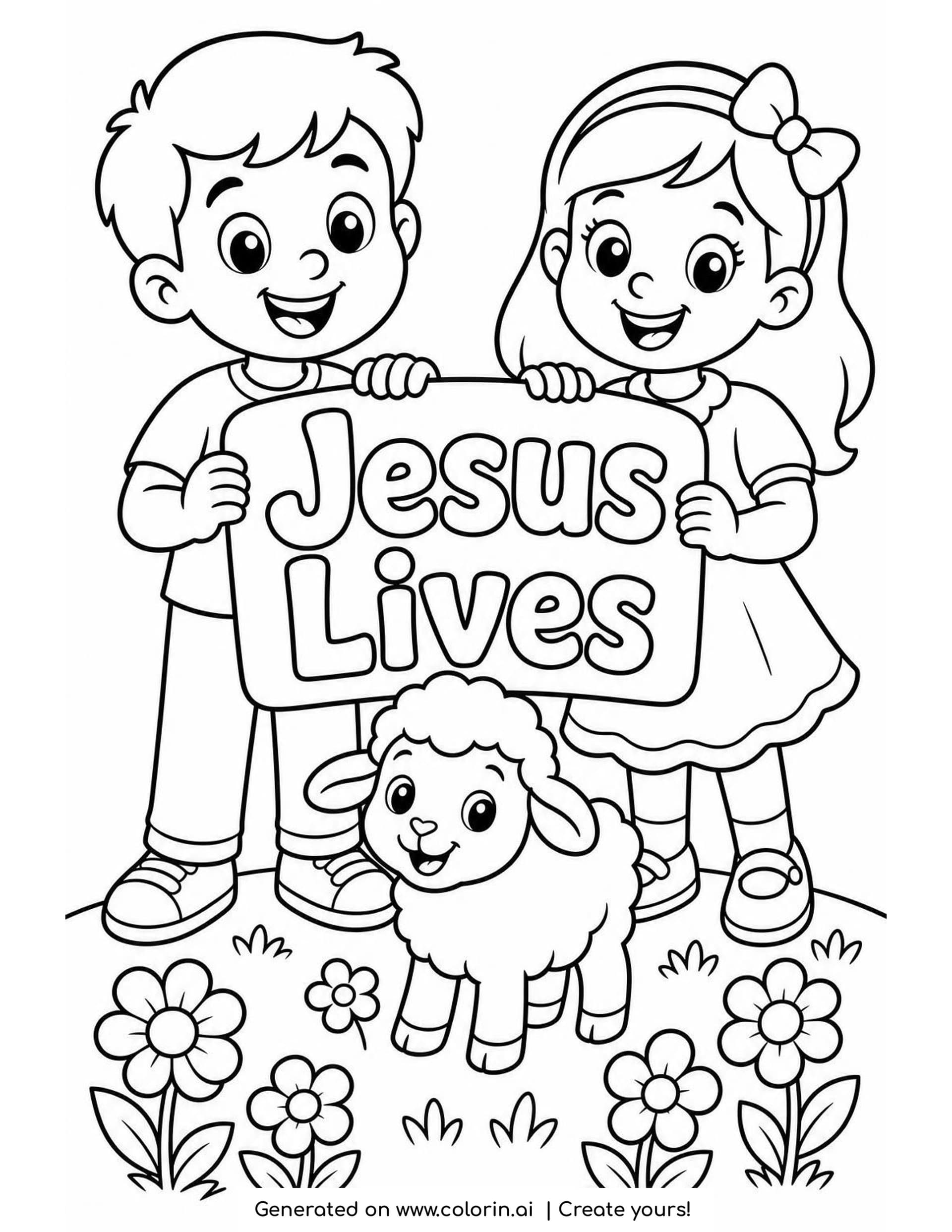 Religious children's Easter coloring page of a smiling boy and girl holding a Jesus Lives sign, with a little lamb and flowers in the grass