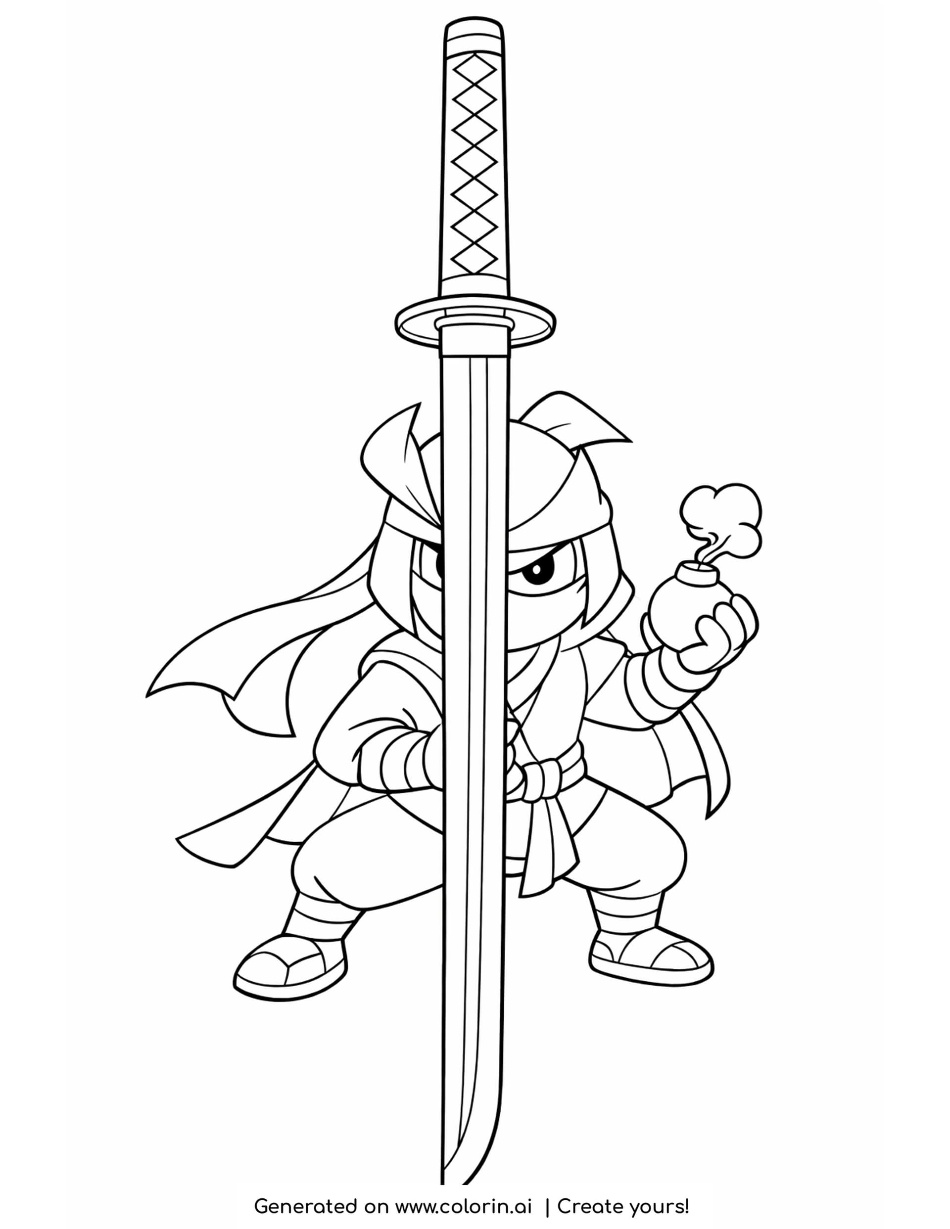 katana coloring pages - full length katana standing upright with a lattice wrapped handle and a ninja behind