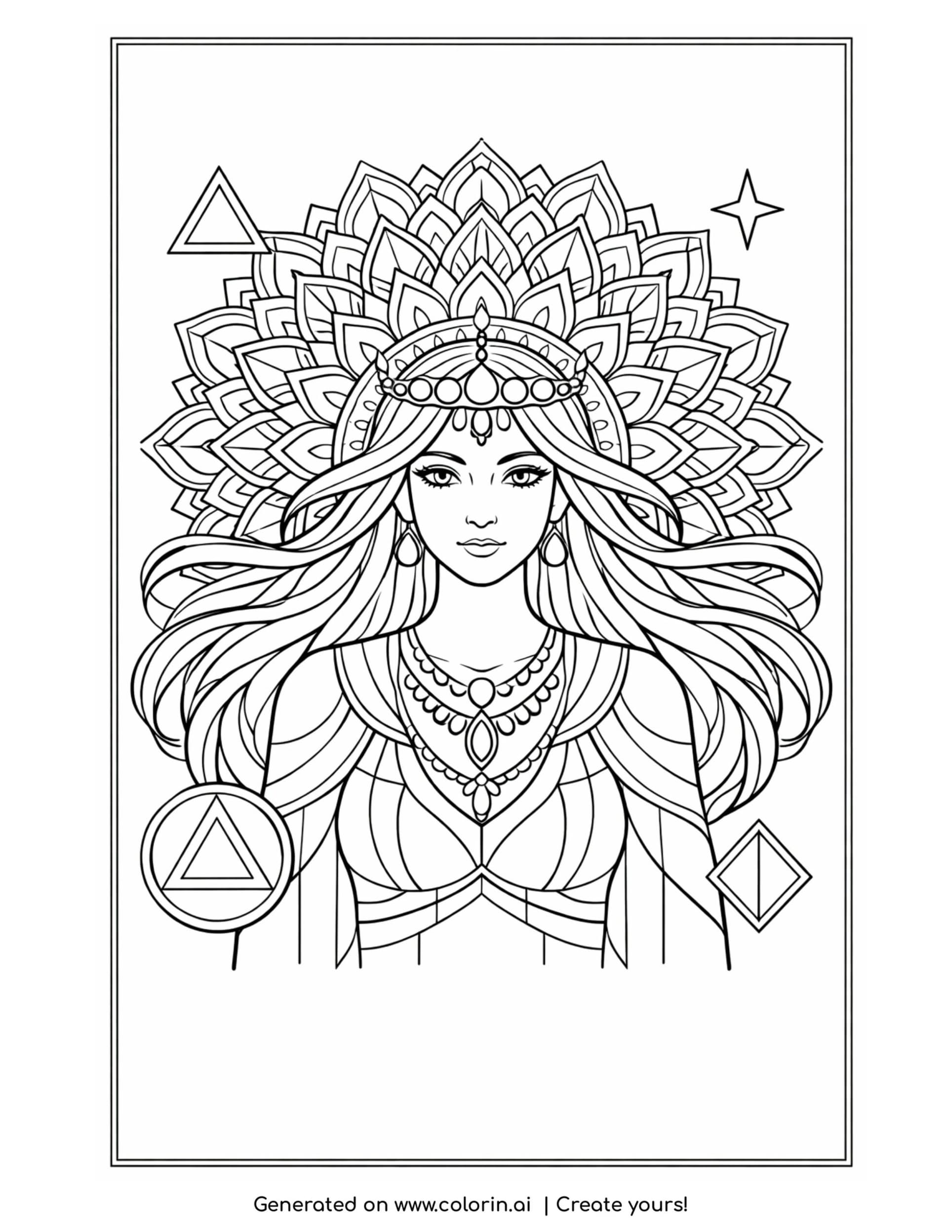 goddess with expanding mandala coloring page with flowing hair and stars