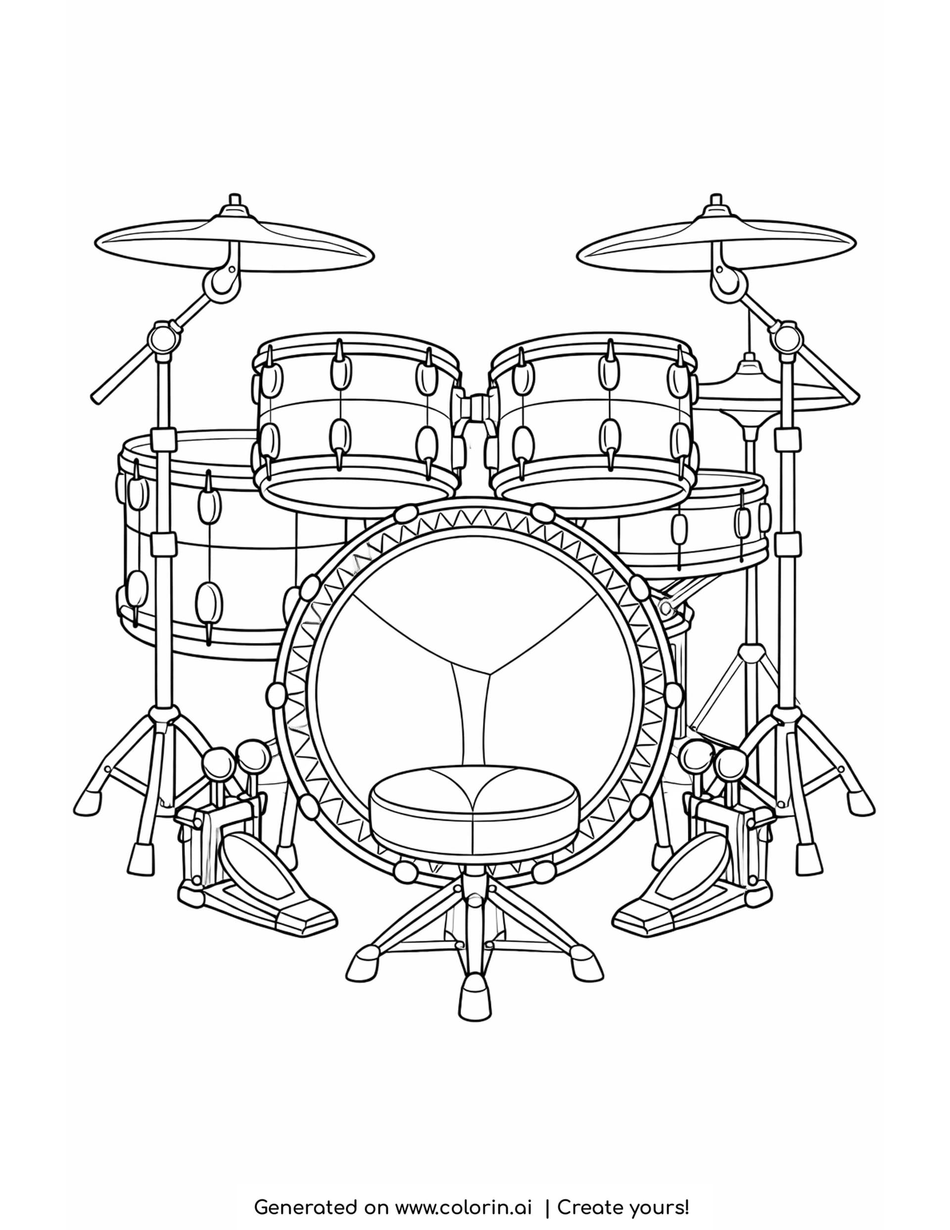 detailed drum kit coloring pages - a full kit seen from the front with two cymbals on stands, rack toms, a lugged bass drum, a round throne and two pedals