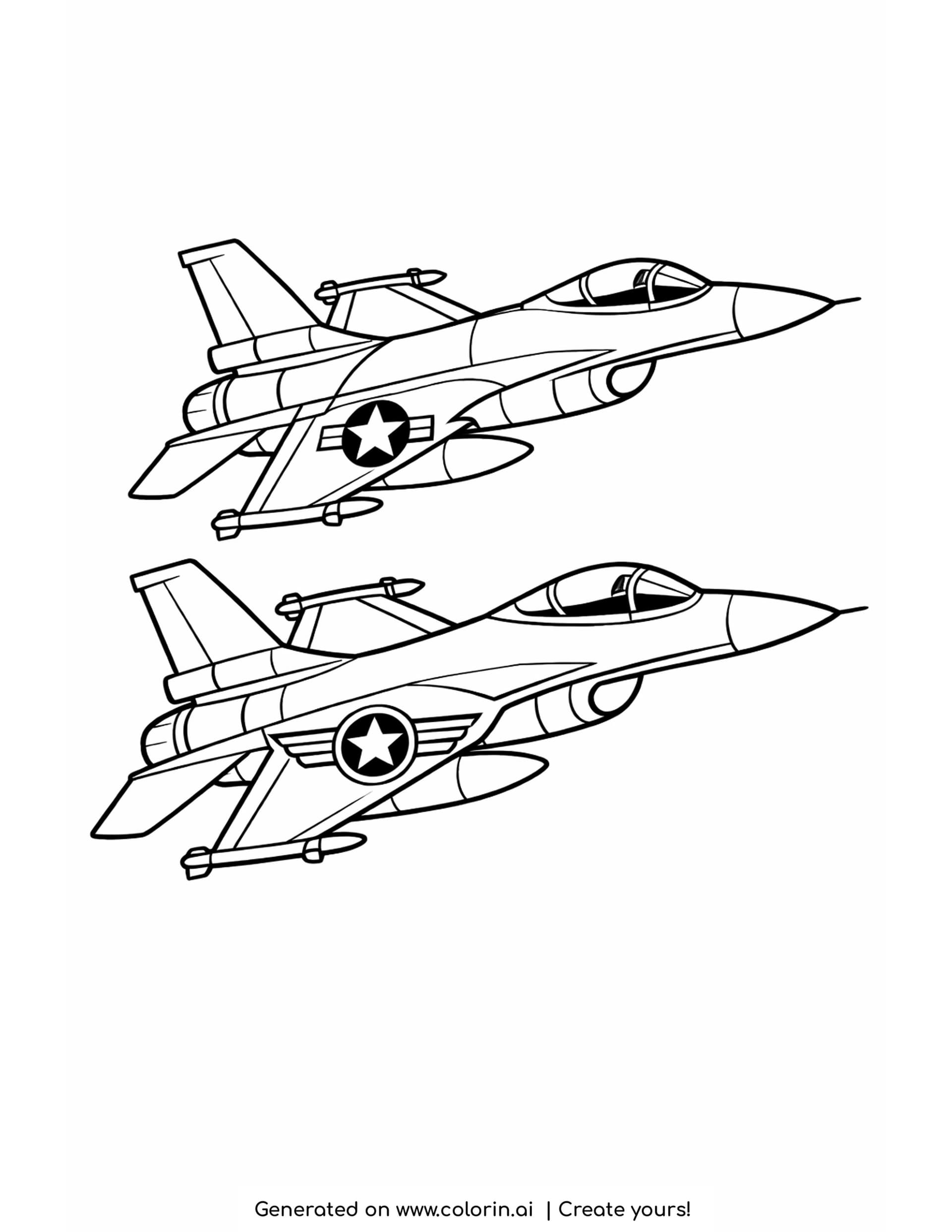 jets flying in formation coloring pages — two fighter jets in echelon with dark canopies and star insignia