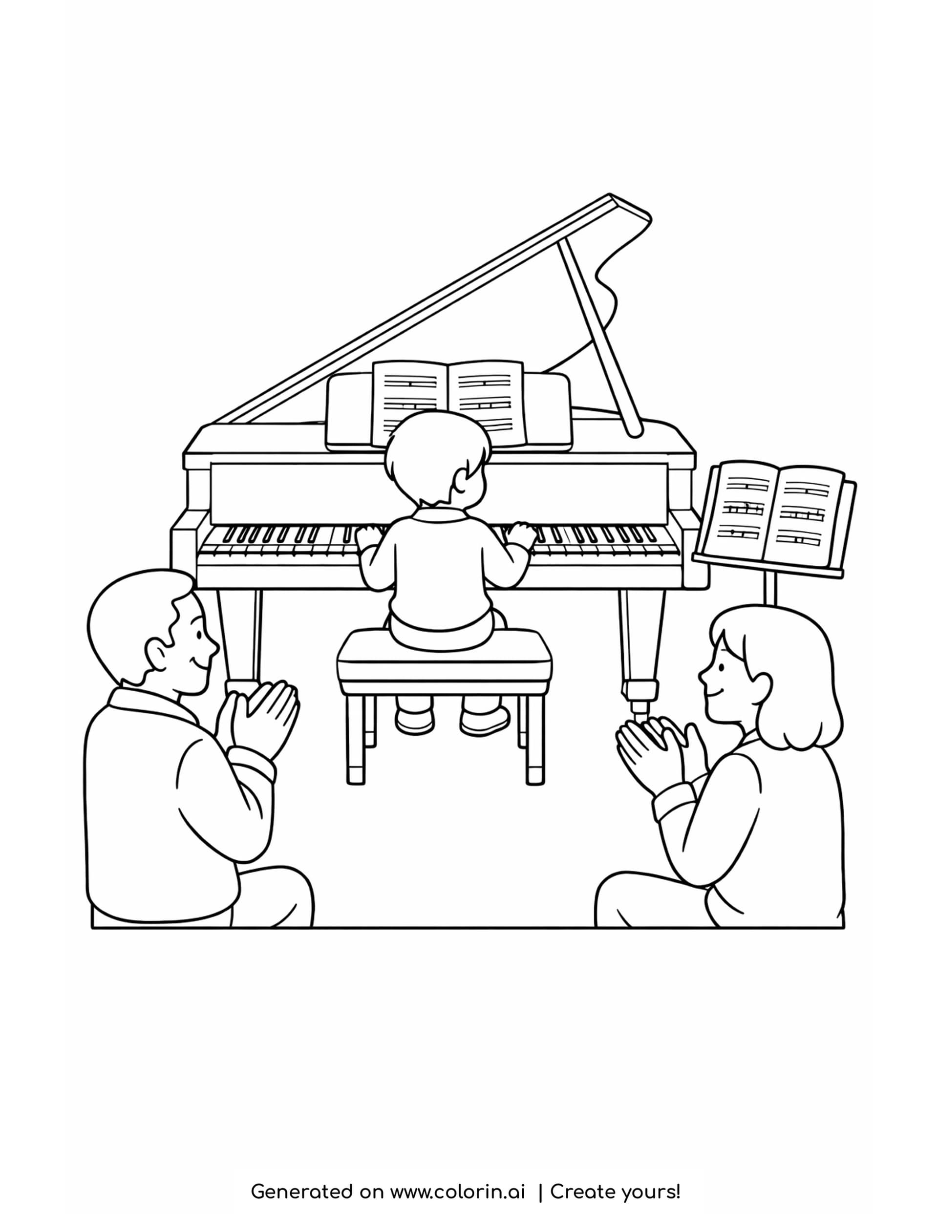 piano recital coloring pages - a child seen from behind at a grand piano with the lid propped open and two adults clapping