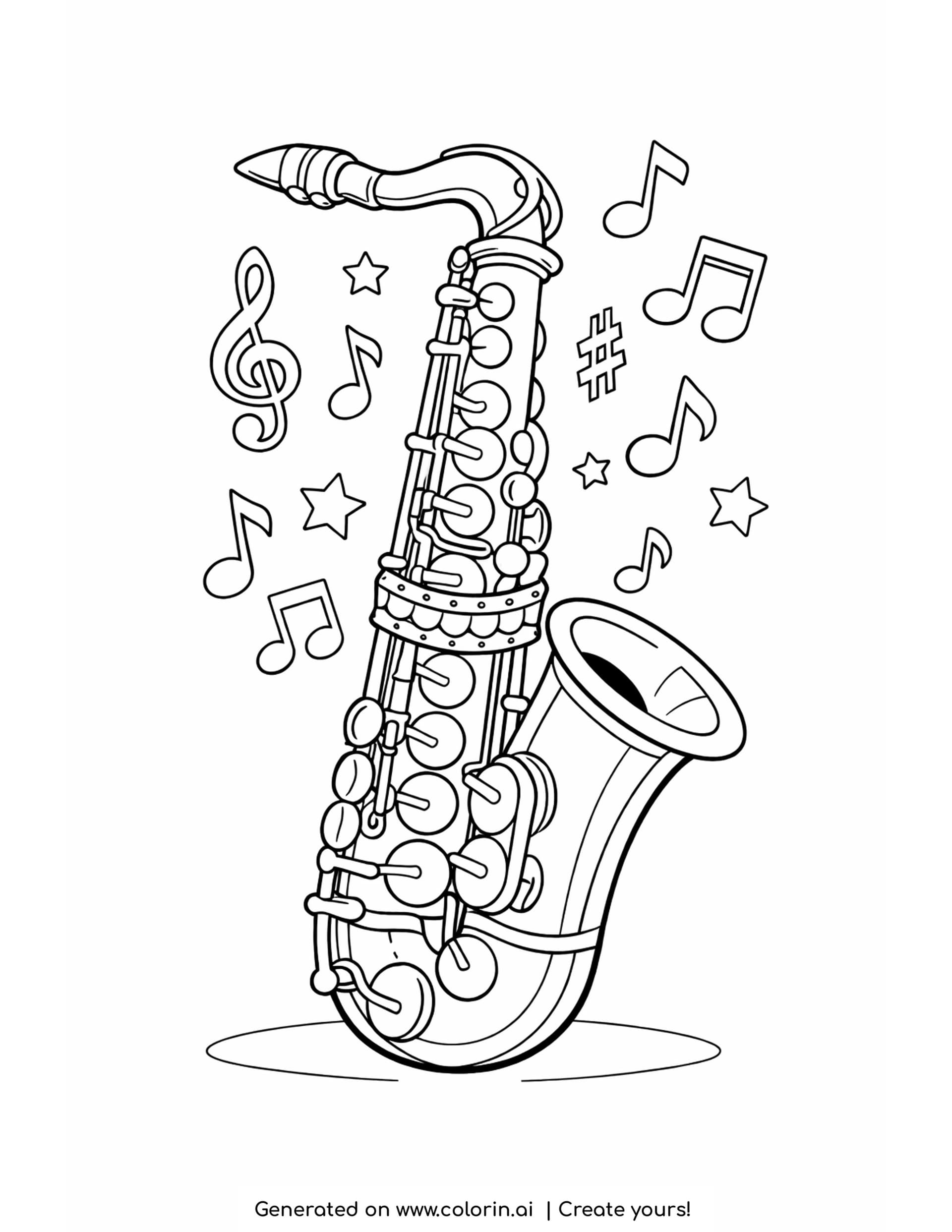 saxophone with notes coloring pages - detailed curved saxophone with many keys surrounded by notes and stars