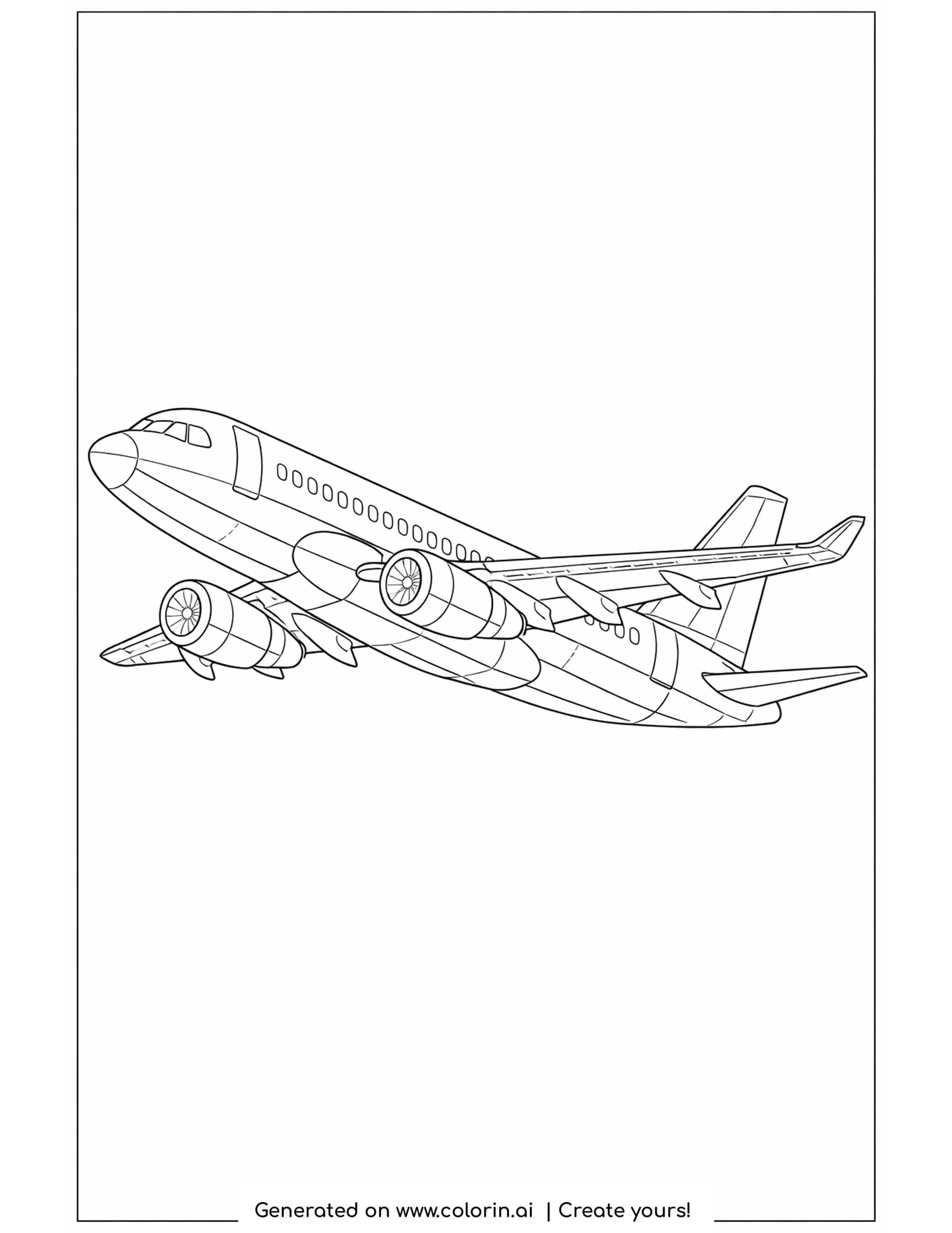 detailed passenger jet coloring pages — twin engine airliner climbing with a long row of windows and winglets