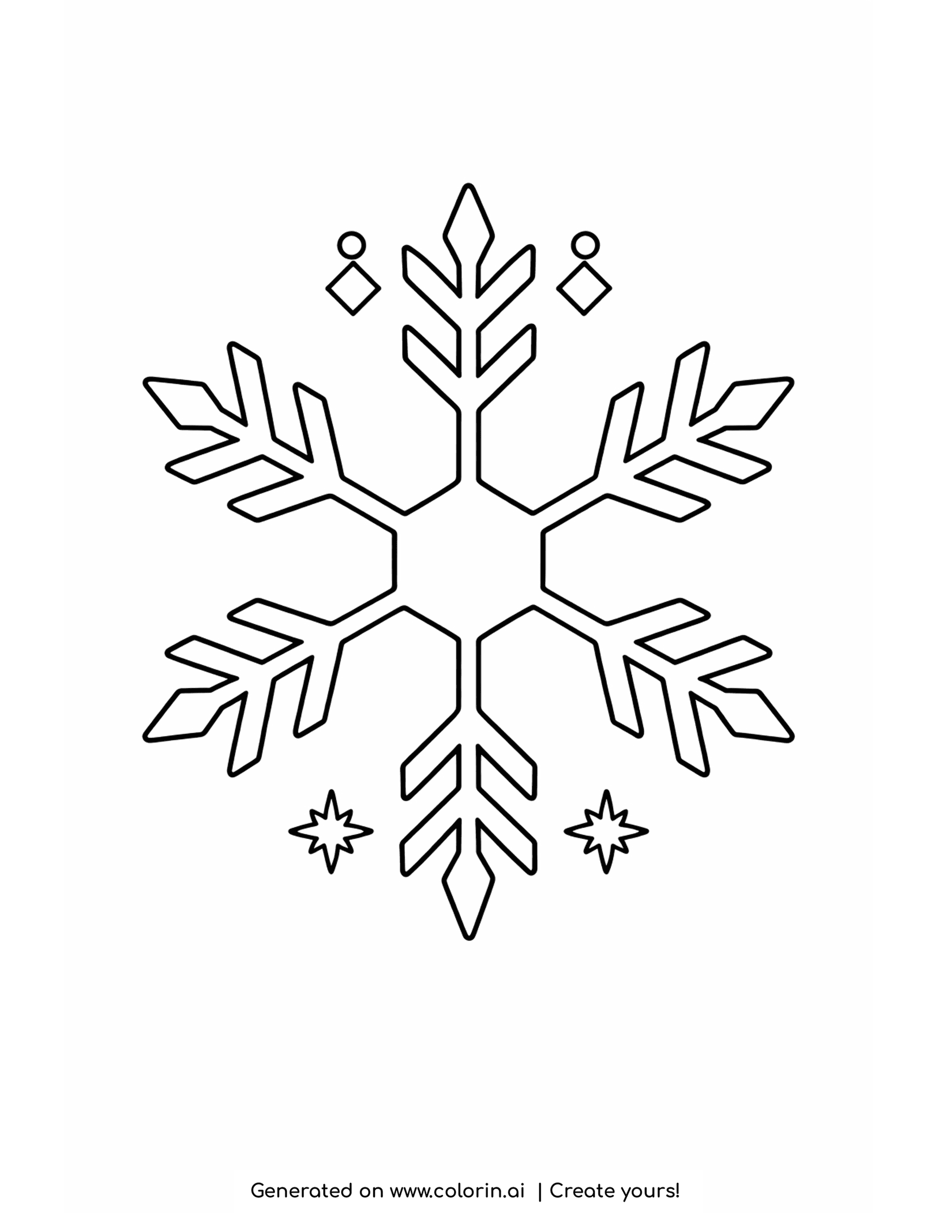 easy winter coloring pages, a simple bold six-armed snowflake with small stars