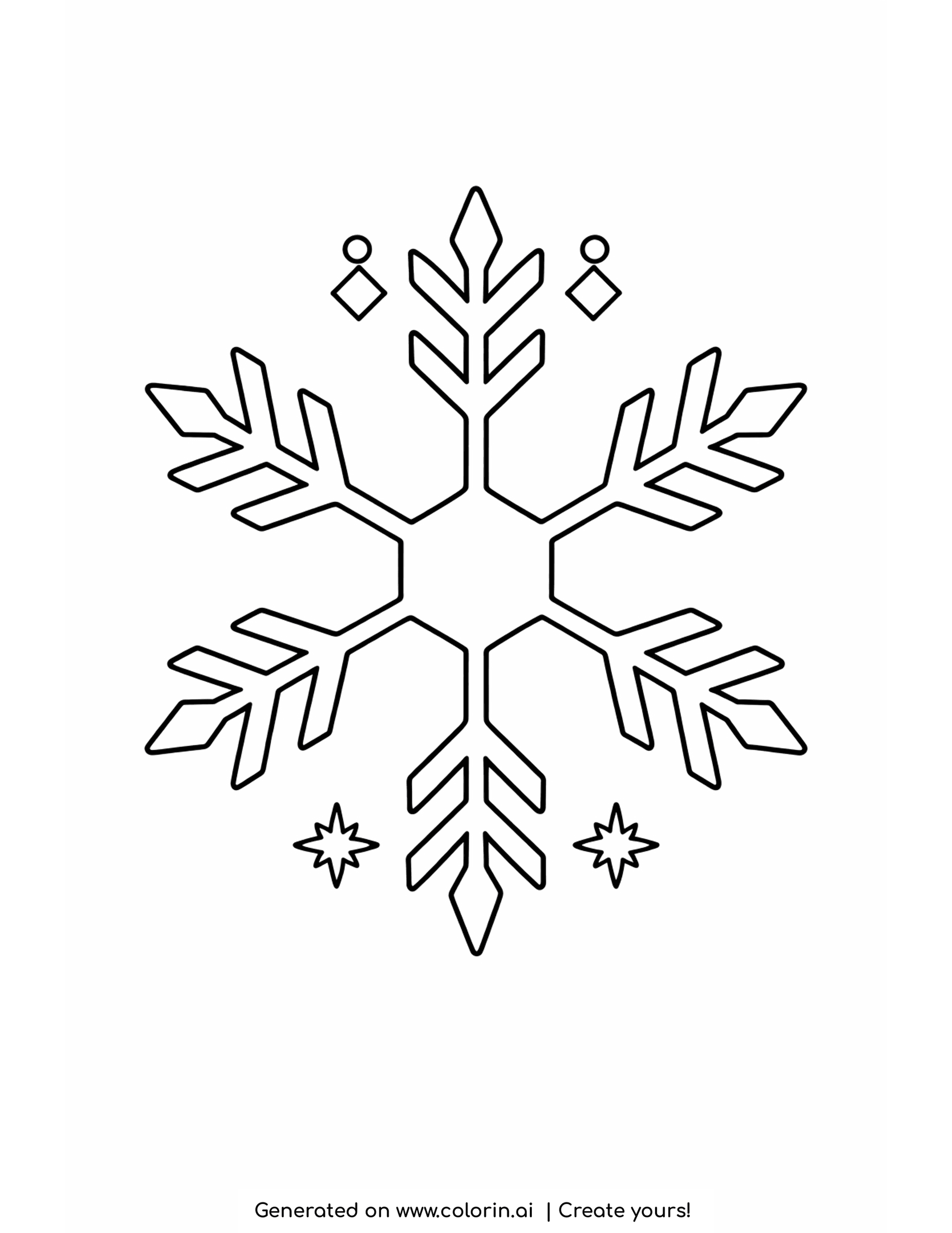 easy winter coloring pages, a simple bold six-armed snowflake with small stars
