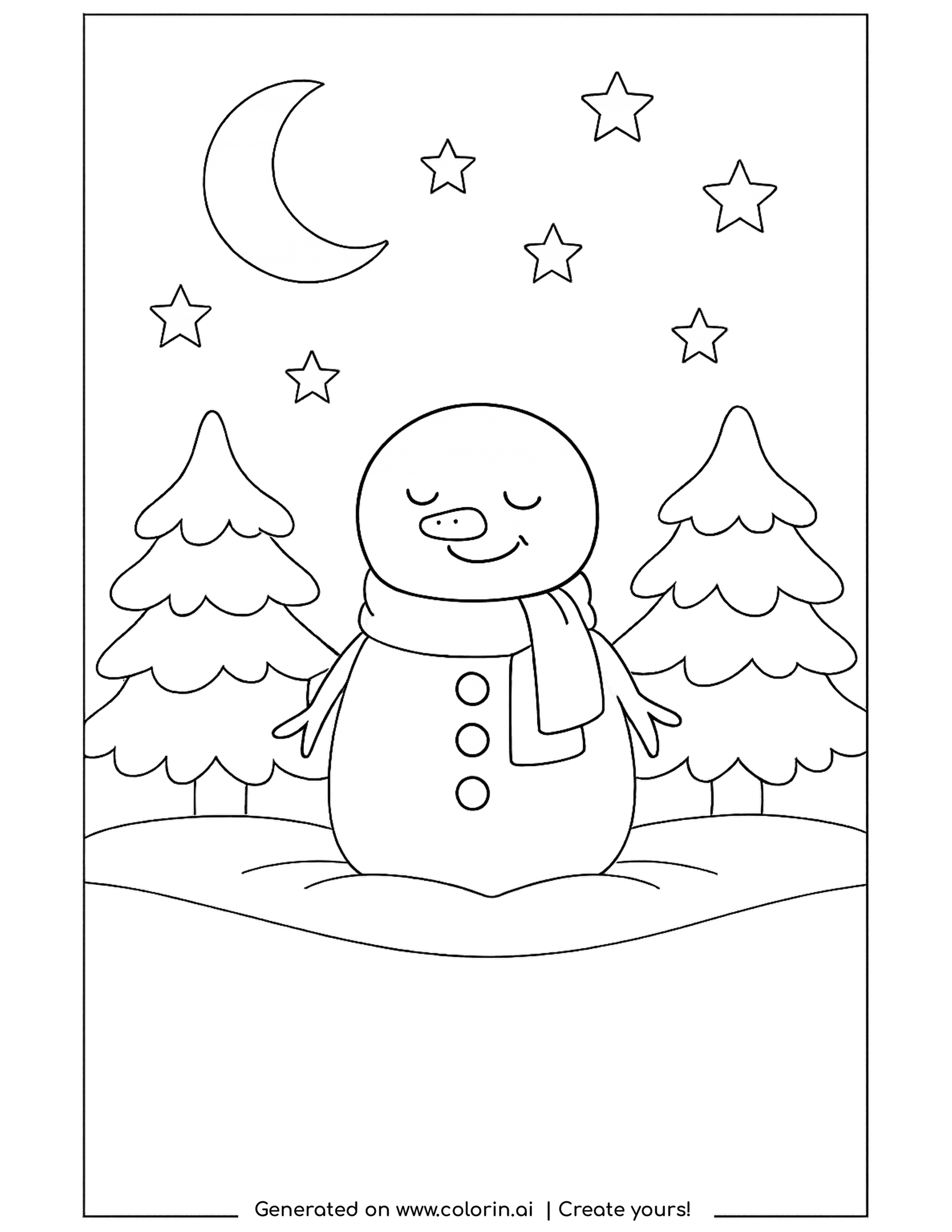 winter coloring pages, a sleepy snowman with closed eyes resting between pine trees under a crescent moon and stars