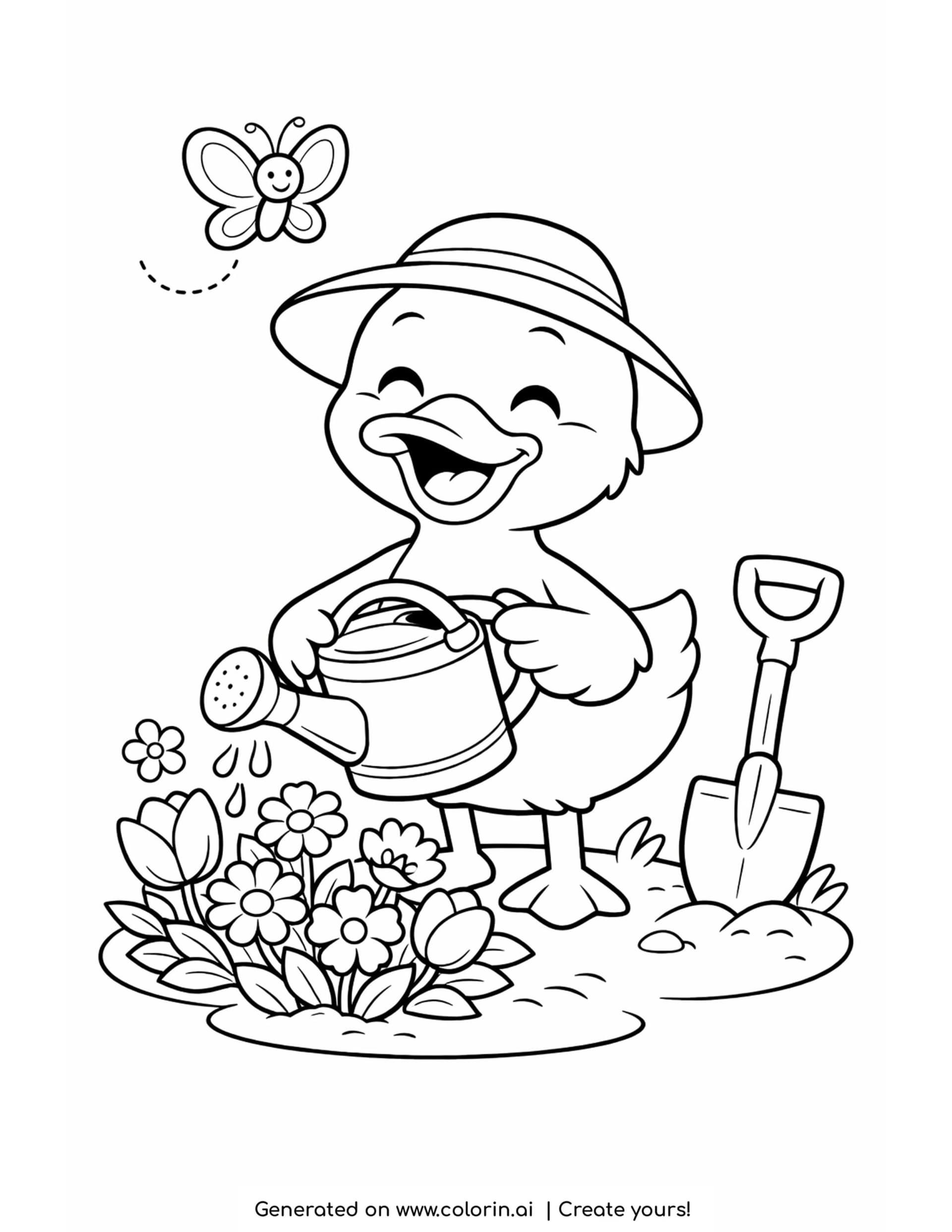 duck watering garden flowers coloring page with butterfly and shovel