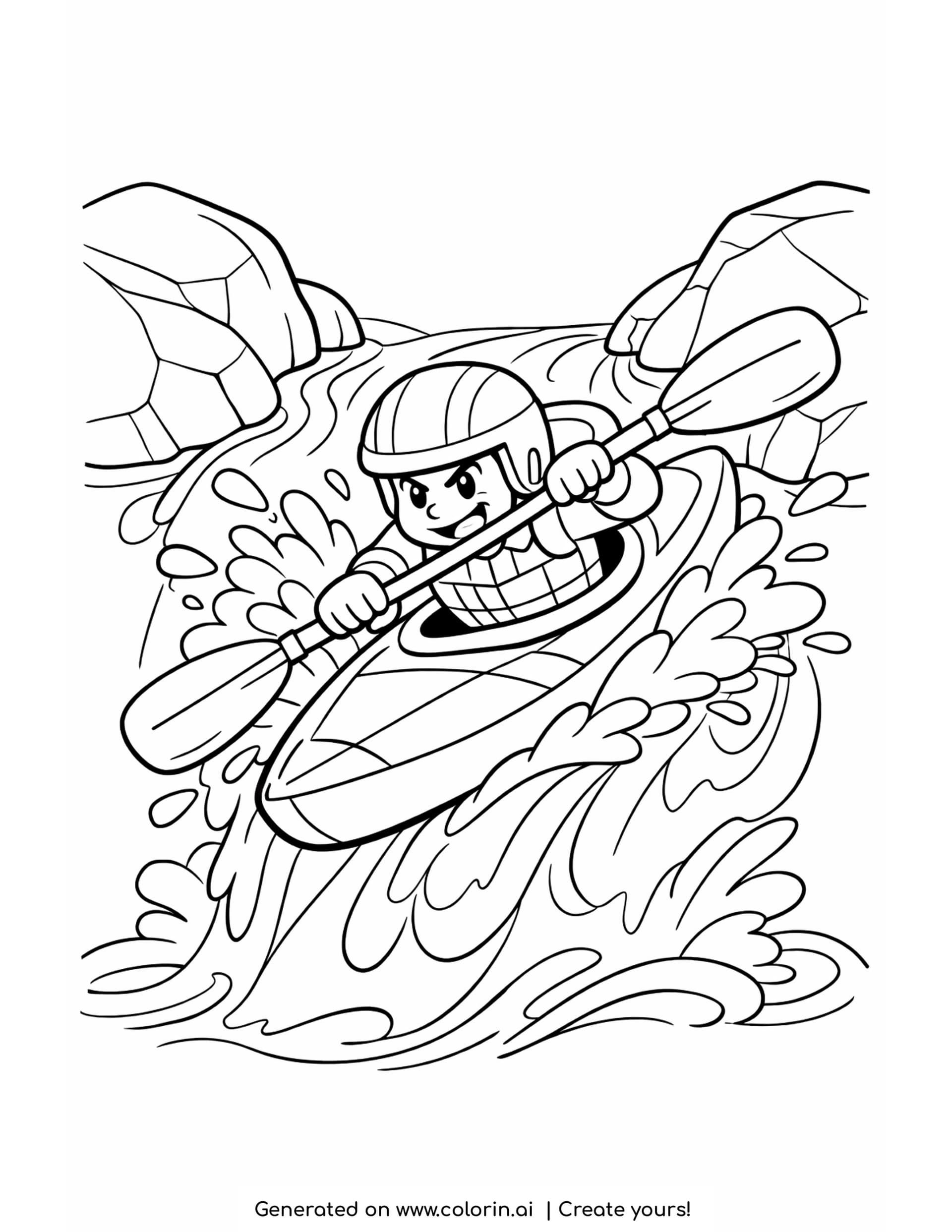 kayak coloring pages - a young paddler in a helmet and life vest steering a kayak through rapids with big splashes and rocks