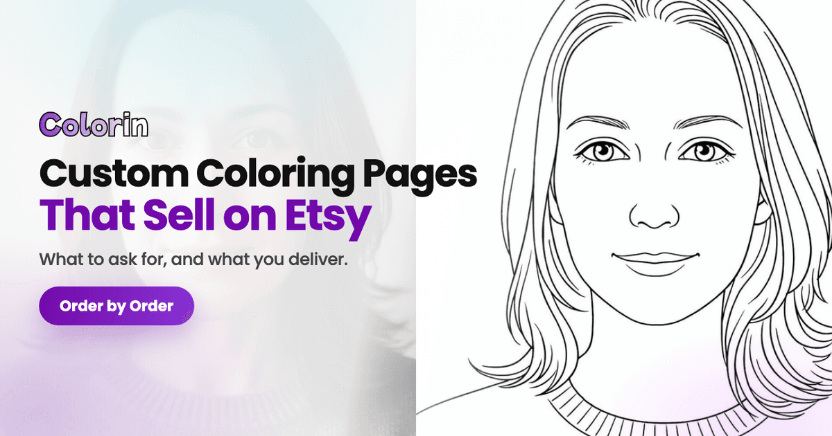 A portrait photo beside the coloring page made from it, with the guide title over them