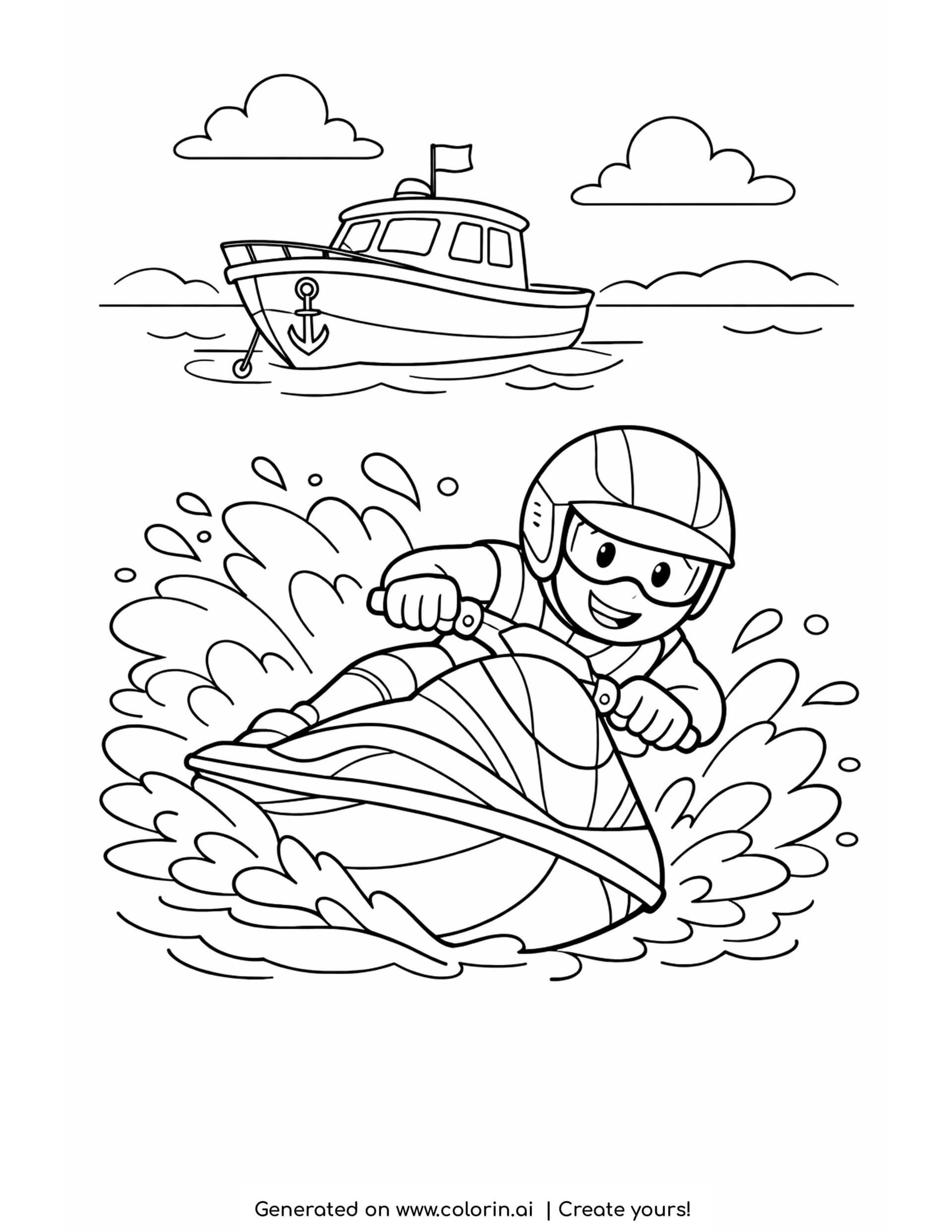 jet ski coloring pages - a smiling rider in a helmet and goggles leaning a jet ski into a turn with a big splash and a moored boat behind