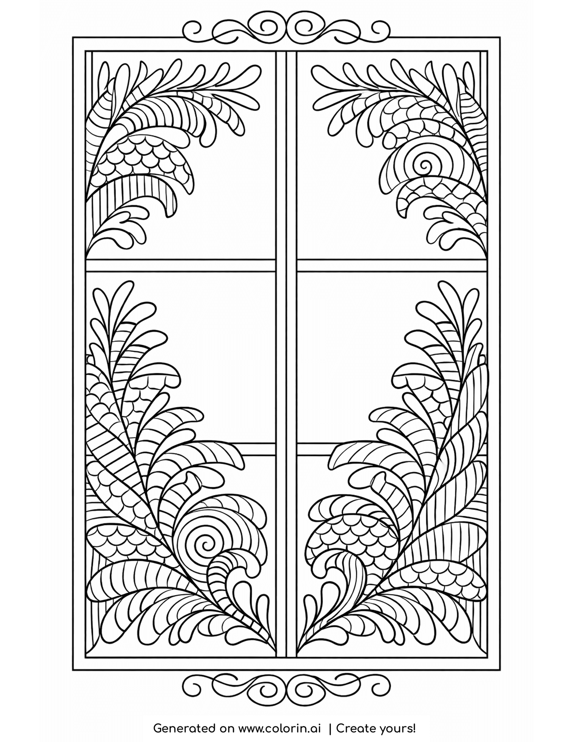 winter coloring pages for adults, symmetrical fern-like frost patterns spreading across a window