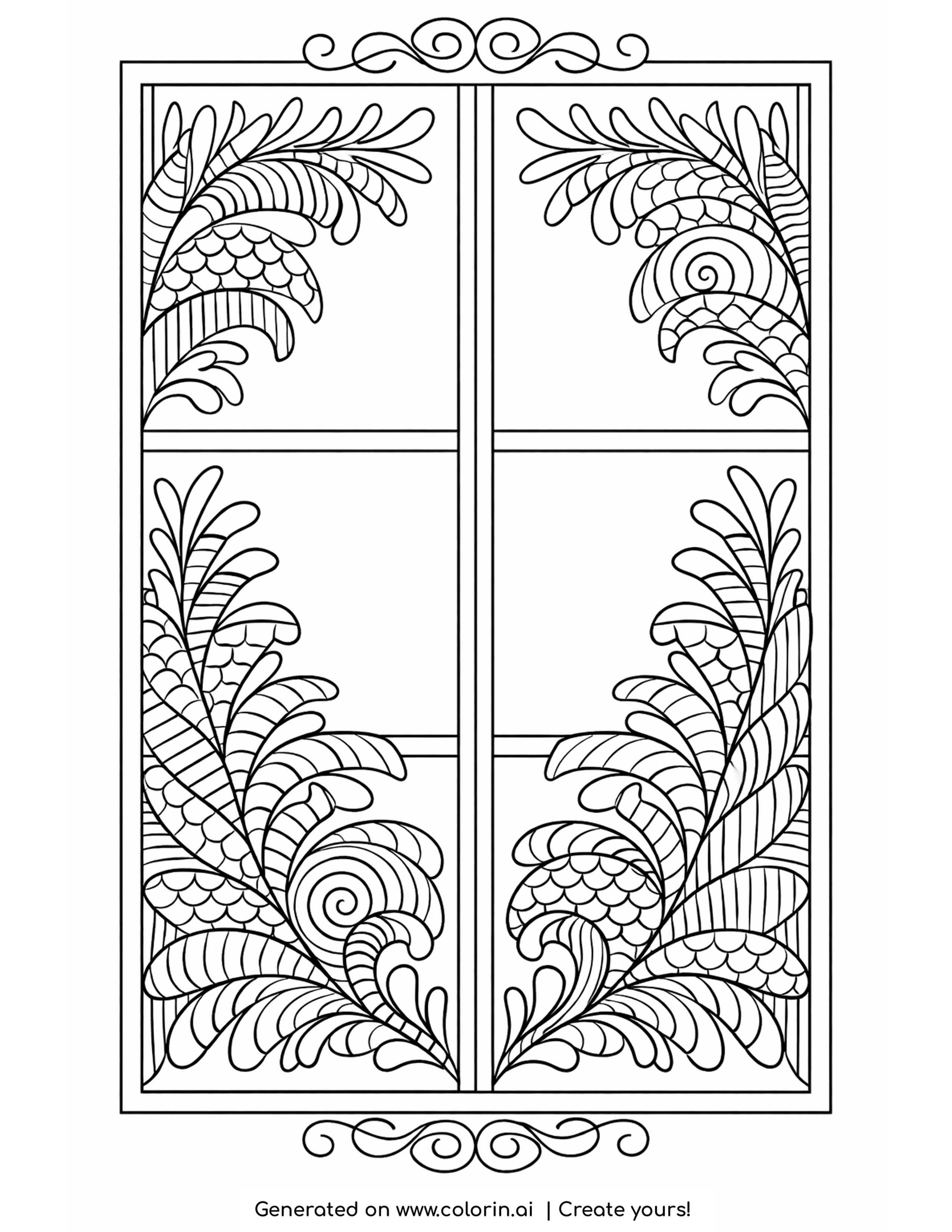 winter coloring pages for adults, symmetrical fern-like frost patterns spreading across a window