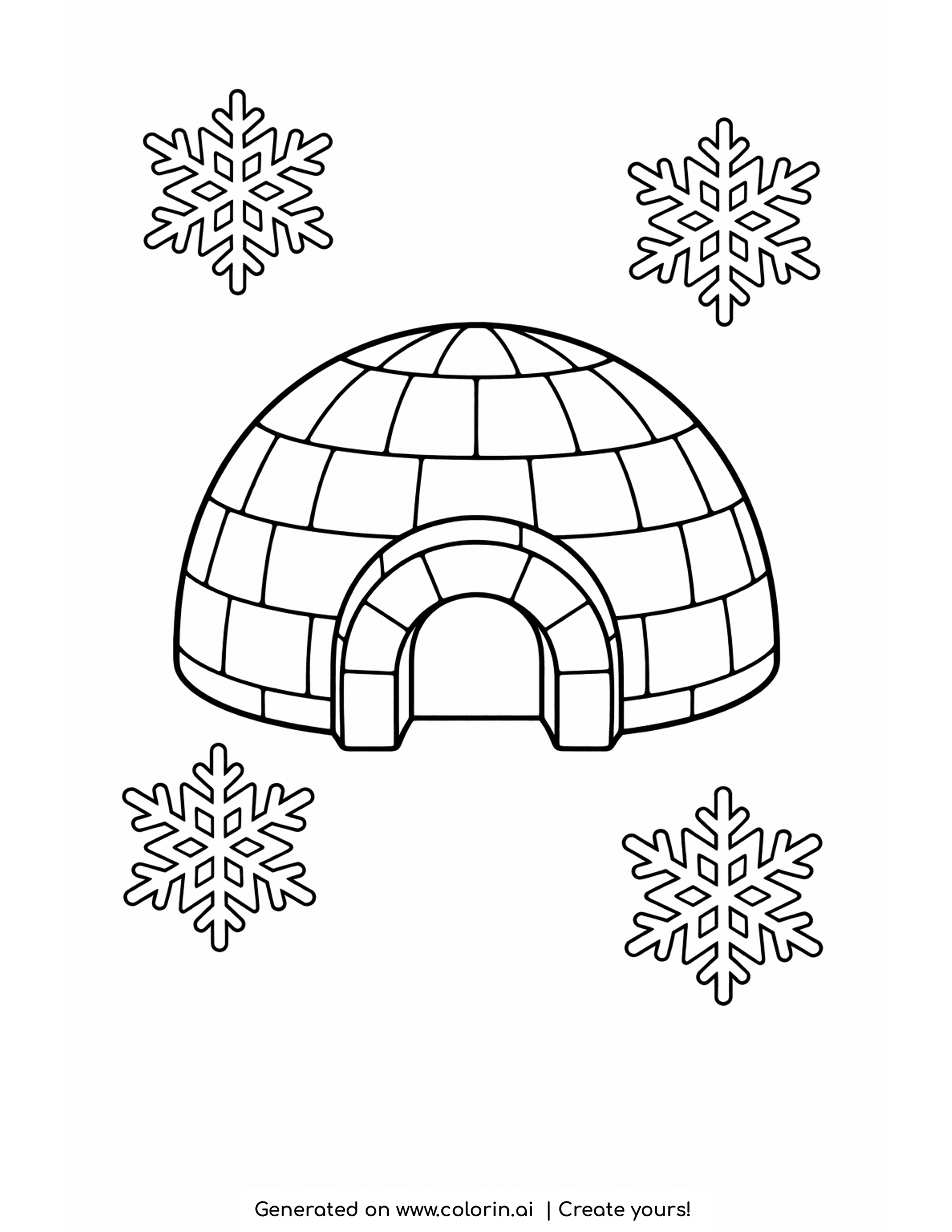 easy winter coloring pages, a simple domed igloo with four snowflakes in the corners