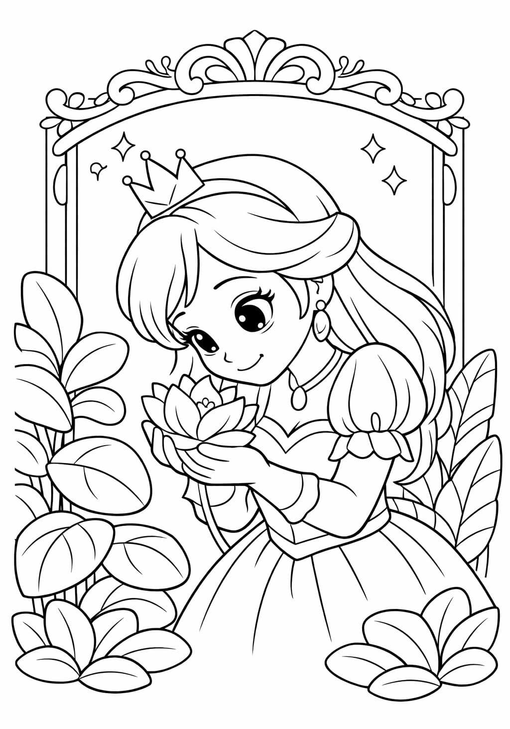 princess holding flower in greenhouse coloring page surrounded by leaves coloring page