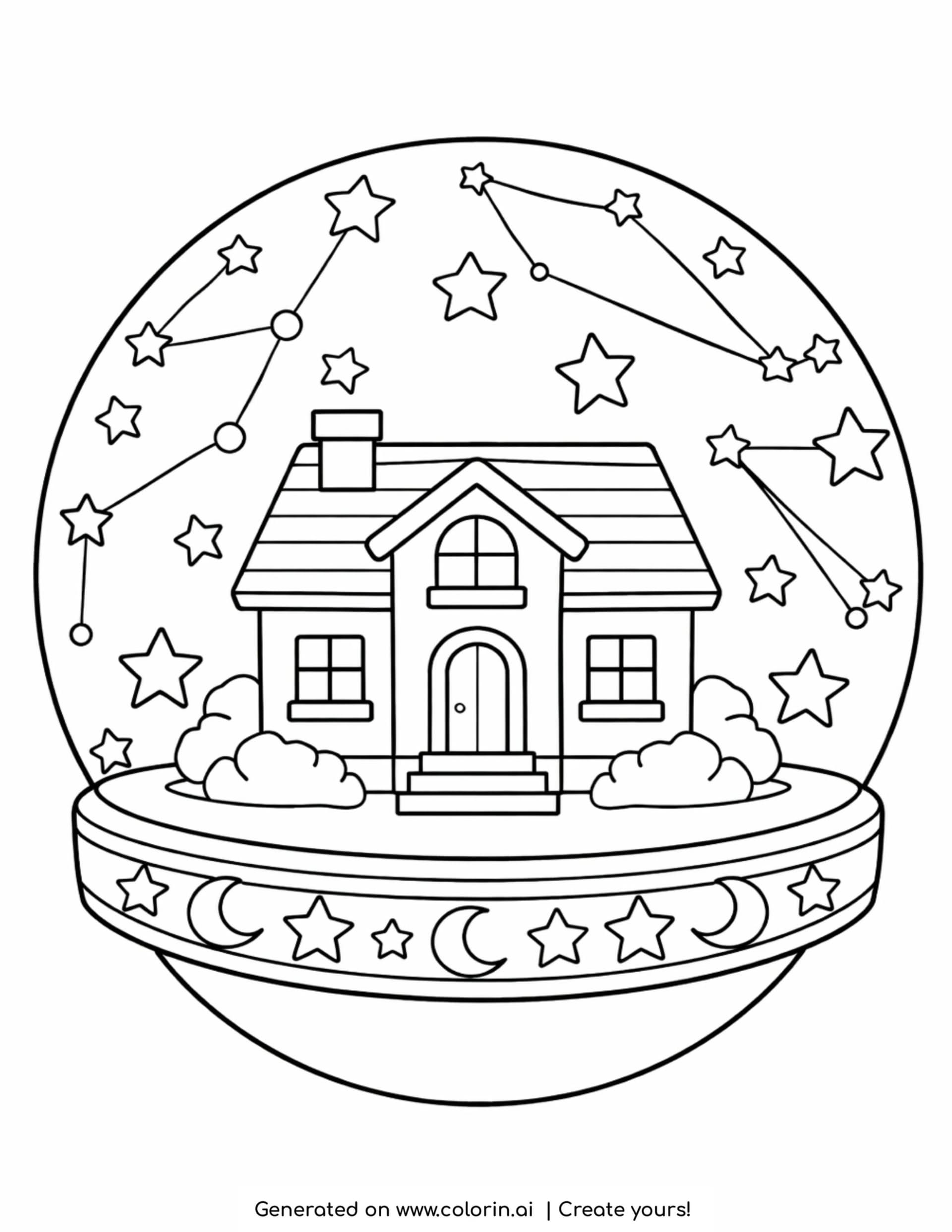 house inside starry sphere coloring page with constellations and stars