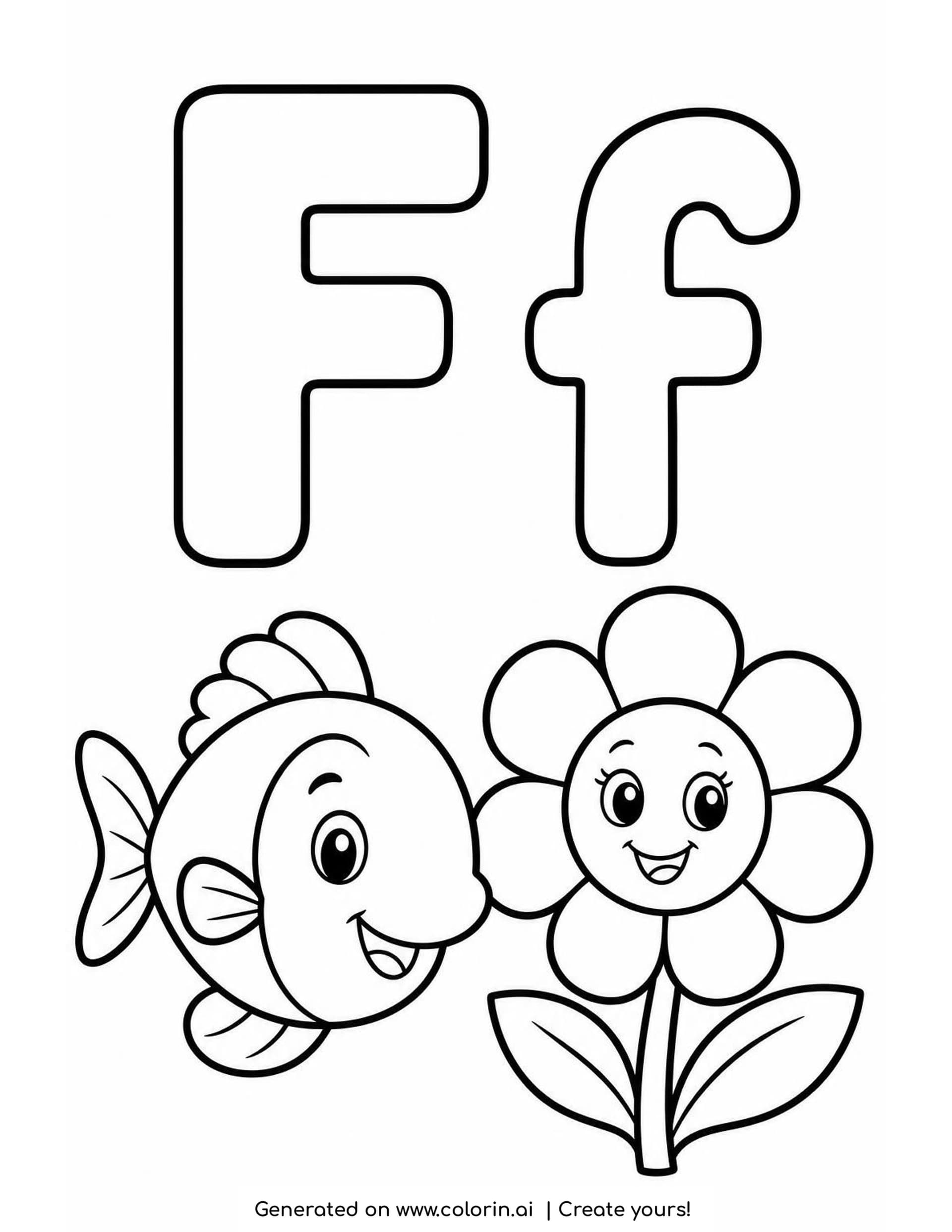 A letter F coloring page with a hollow capital F and lowercase f above a round smiling fish and a seven-petal flower with a happy face