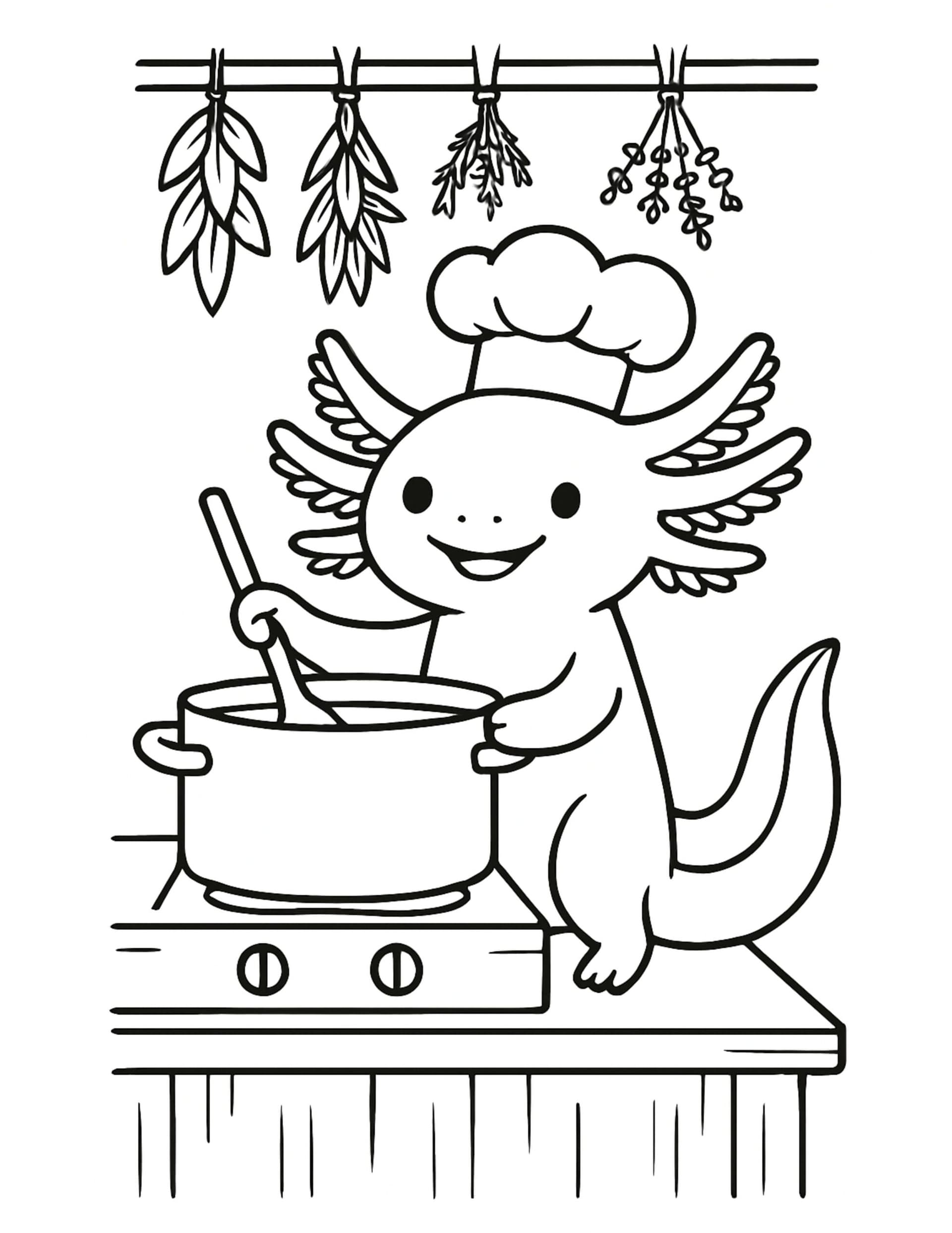 axolotl chef stirring soup coloring page featuring a smiling axolotl in a chef hat stirring a pot under hanging herbs coloring page