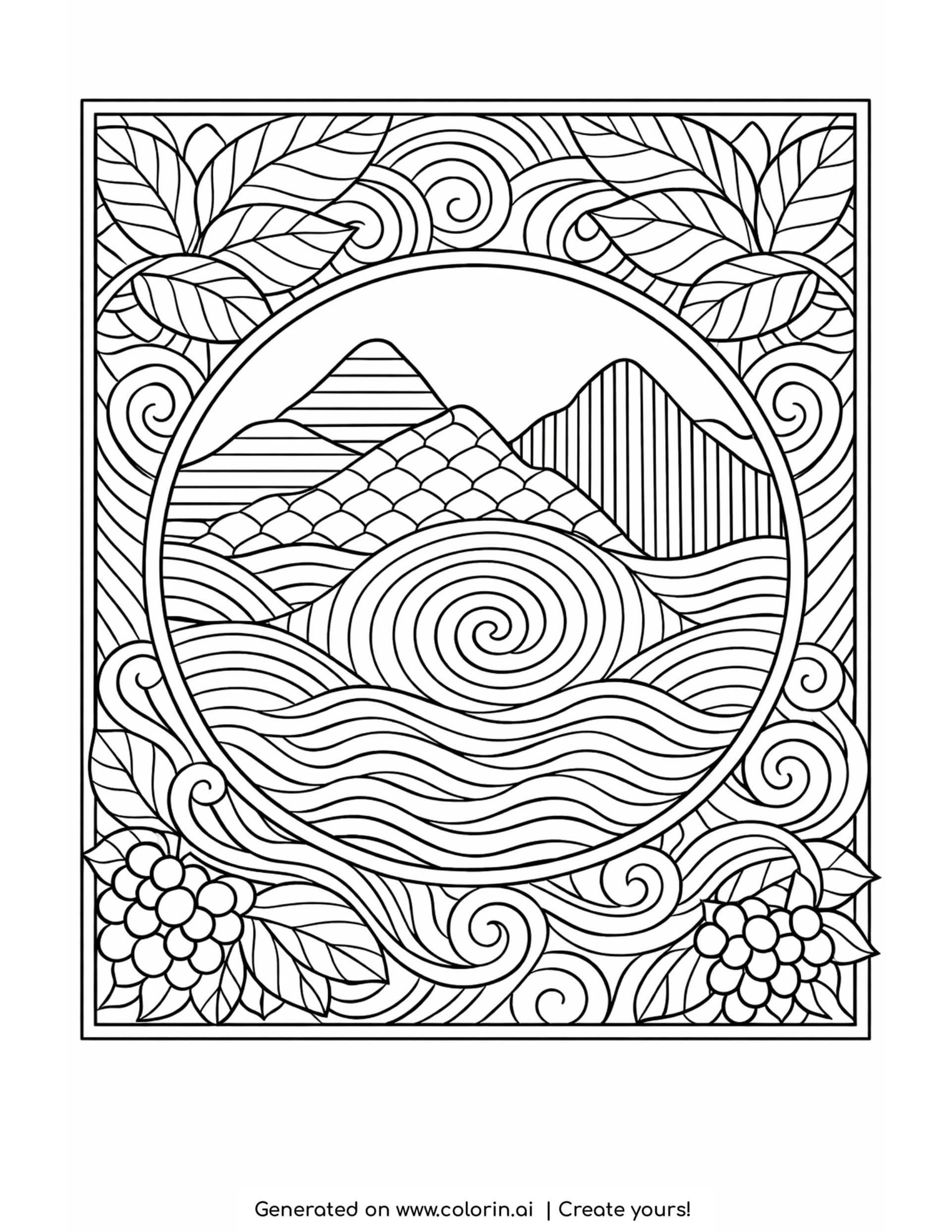 mountain waves inside circular frame with leaves coloring page