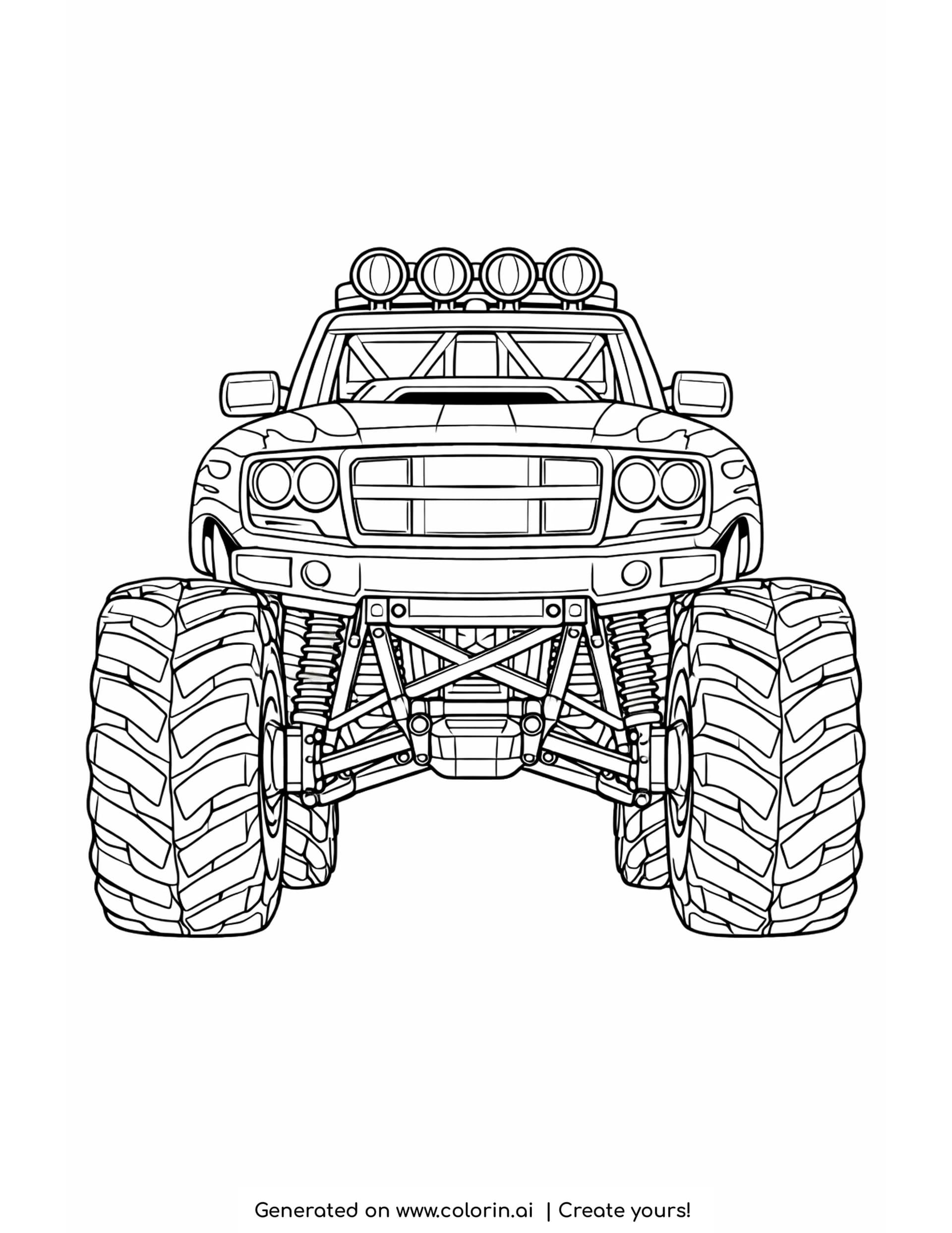 detailed monster truck coloring pages: a monster truck head on with deep treaded tires and exposed suspension