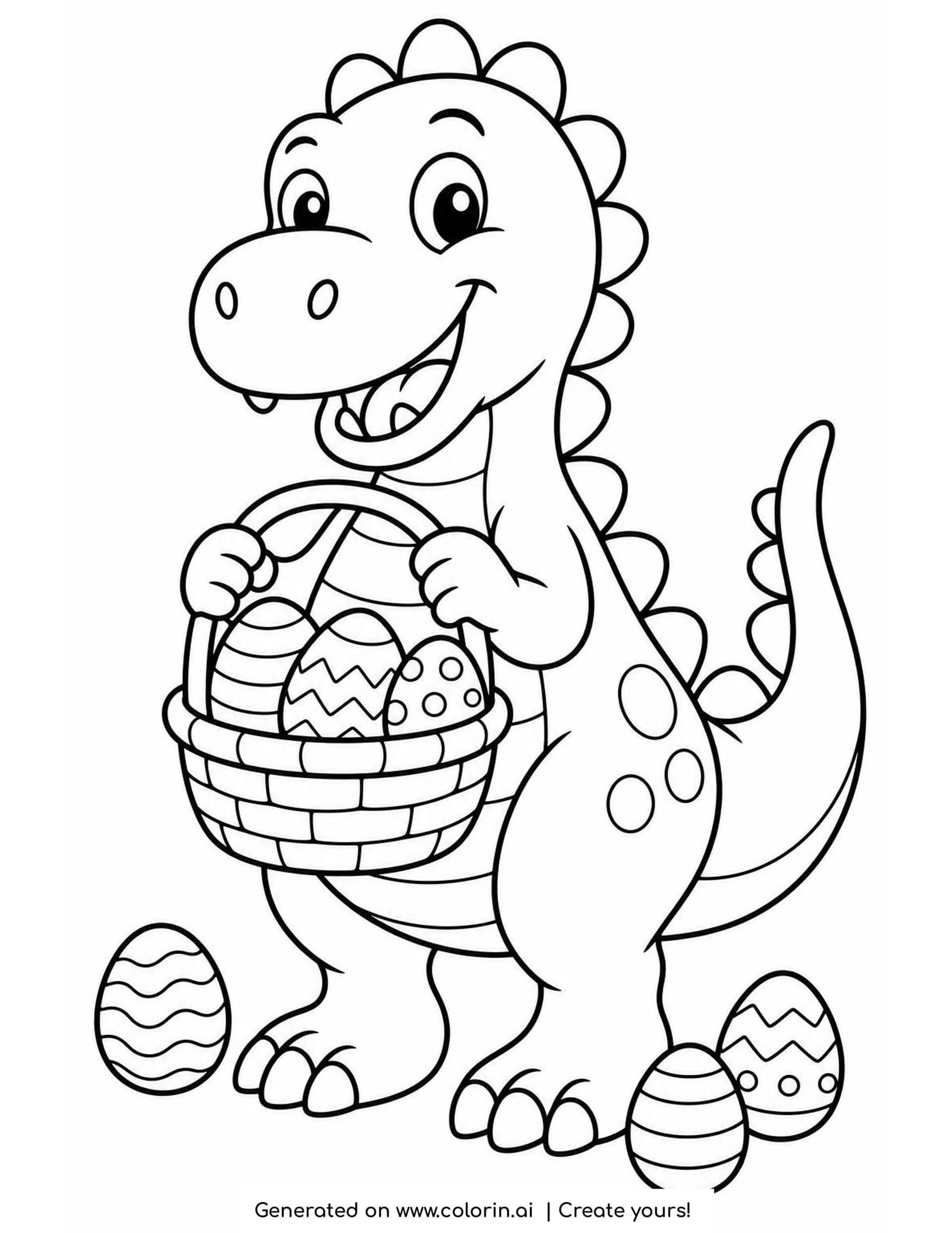 Dinosaur Easter coloring page of a smiling dinosaur standing upright with a basket of three decorated eggs and three more eggs by its feet