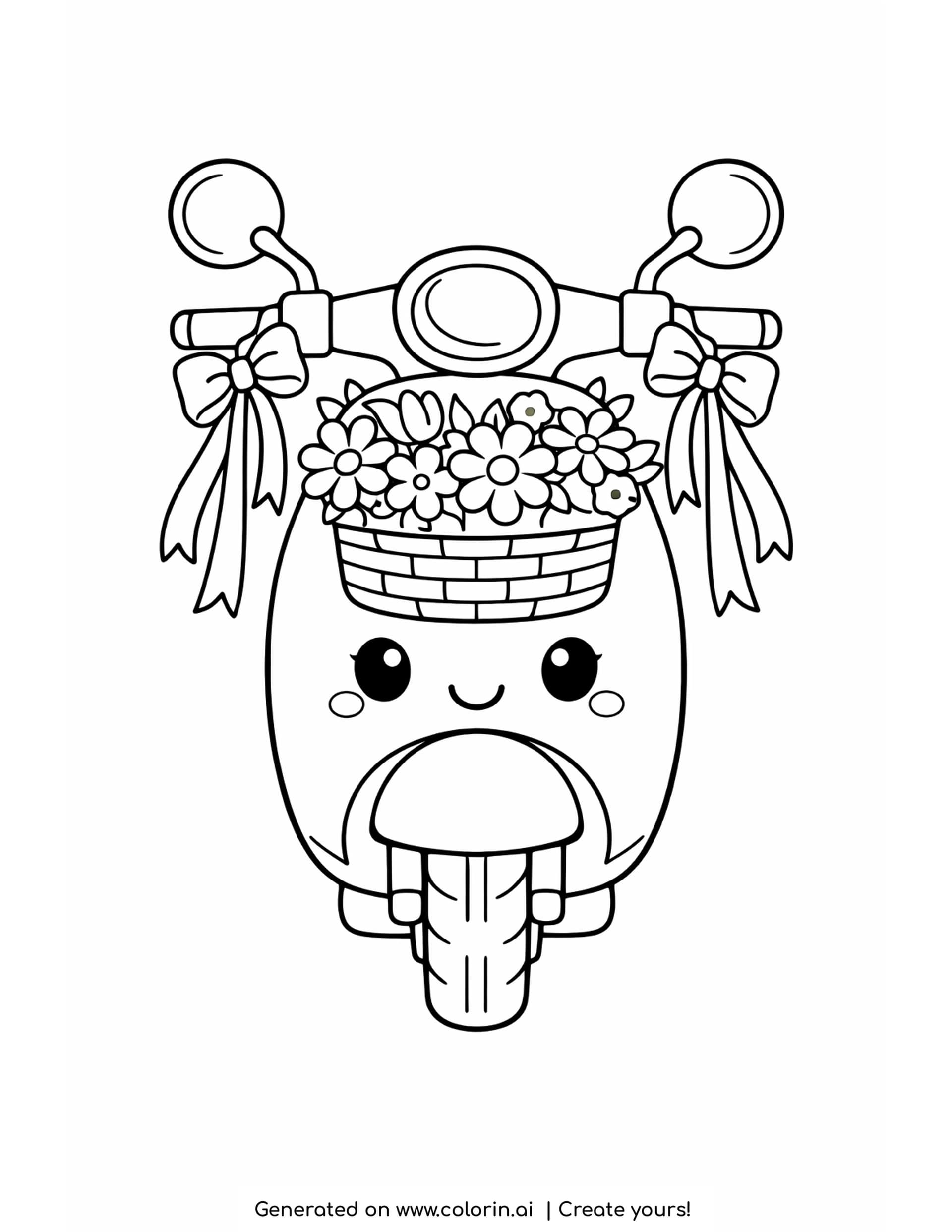 scooter coloring pages - cute smiling scooter seen from the front with a basket of flowers on the handlebars
