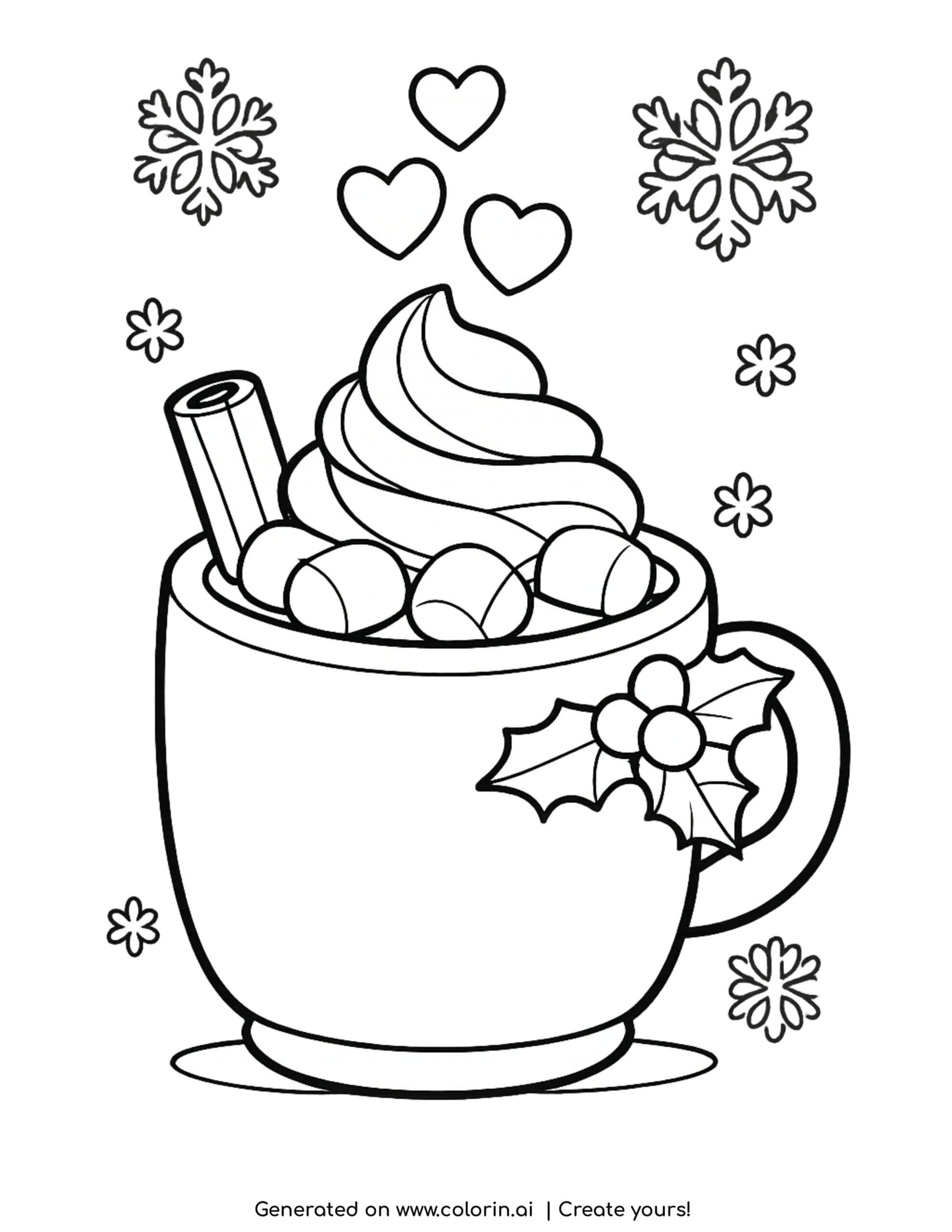 hot cocoa coloring pages, a mug of cocoa with whipped cream, marshmallows and a cinnamon stick