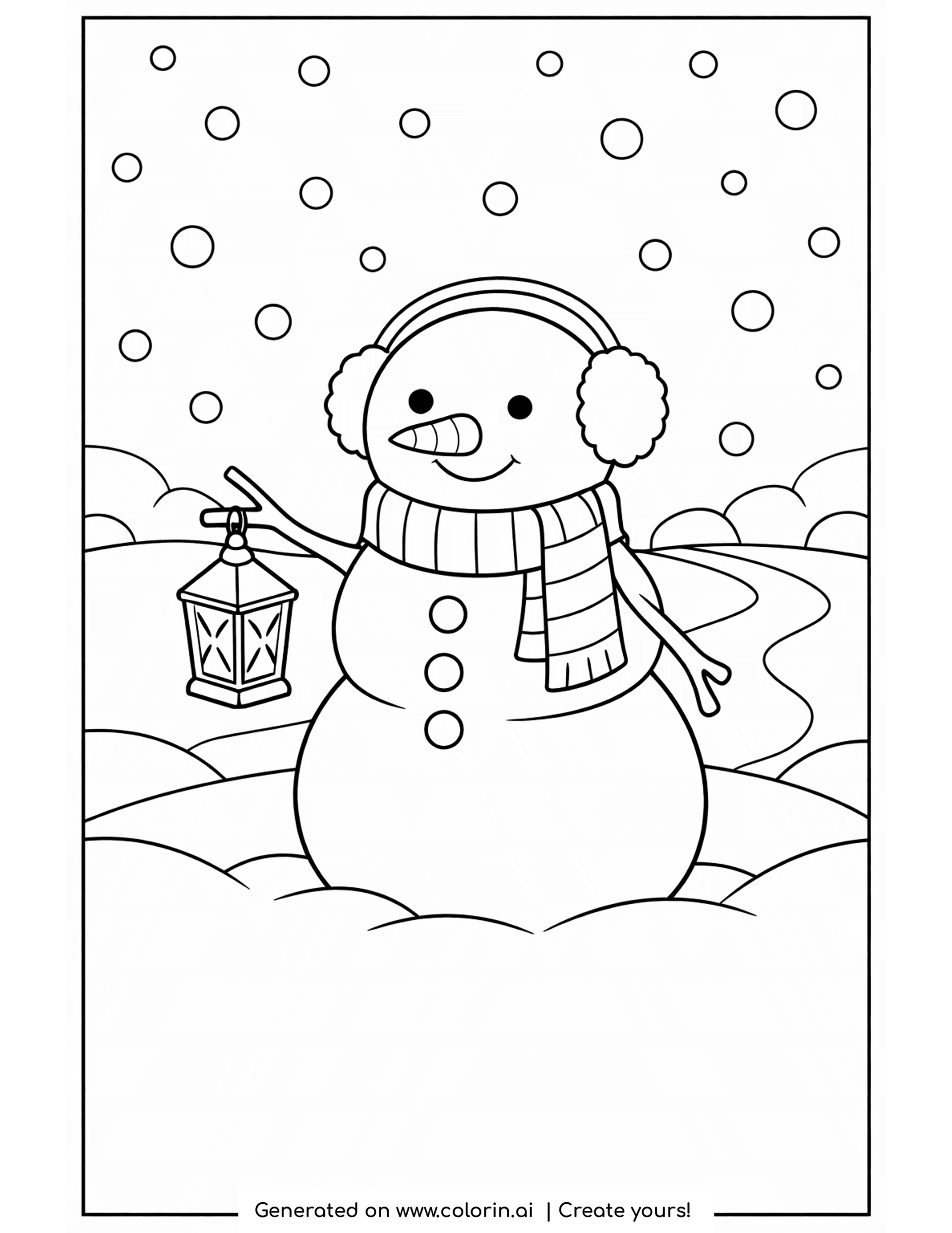 snowman coloring pages, a cheerful snowman wearing earmuffs holding a small glowing lantern in the falling snow