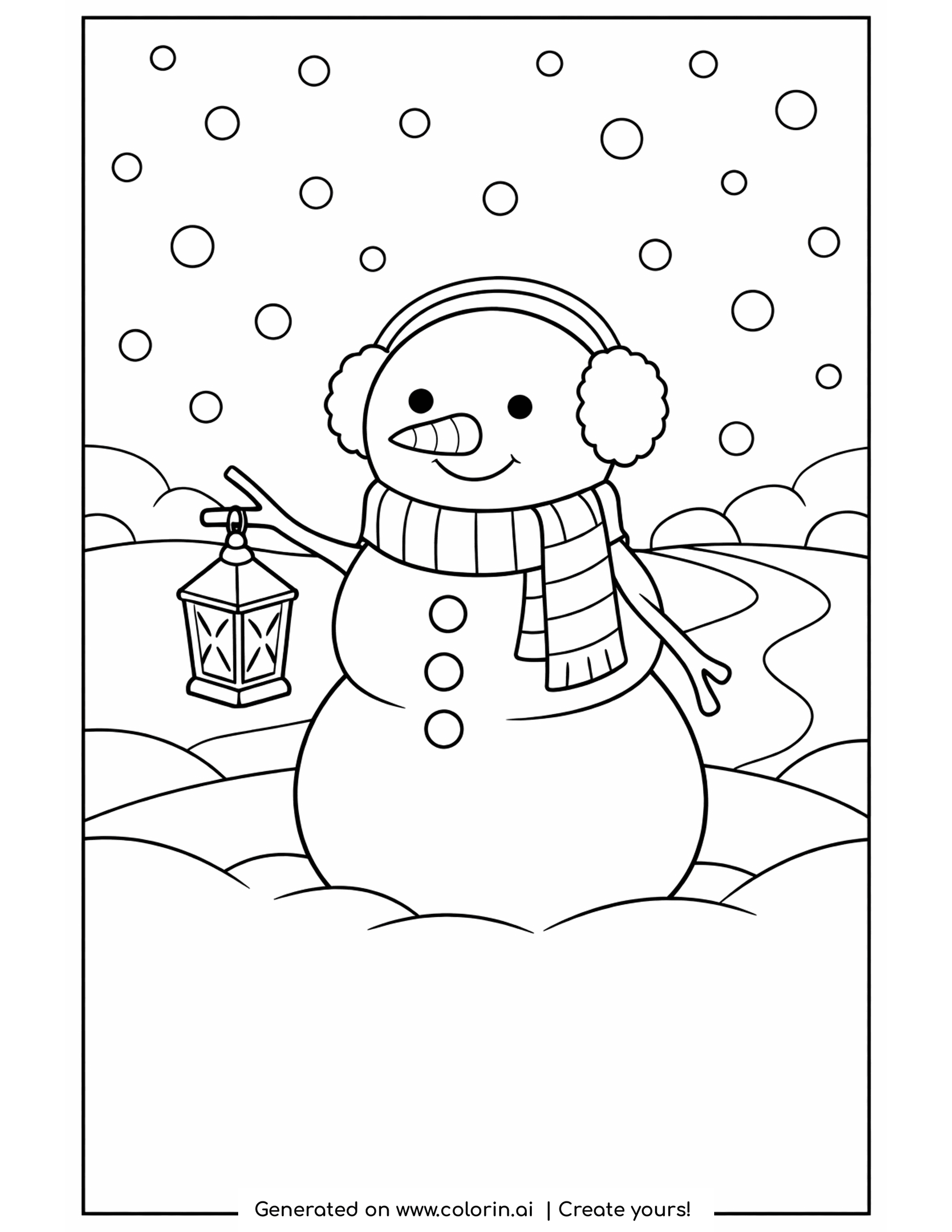 snowman coloring pages, a cheerful snowman wearing earmuffs holding a small glowing lantern in the falling snow