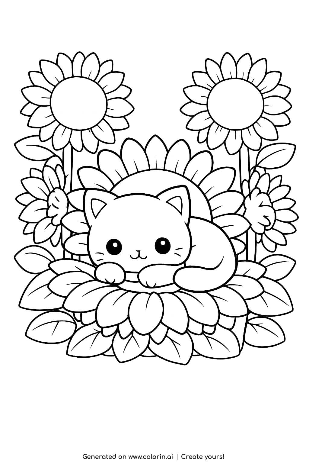 kitten resting among sunflowers coloring page with cute cat and large blooms coloring page