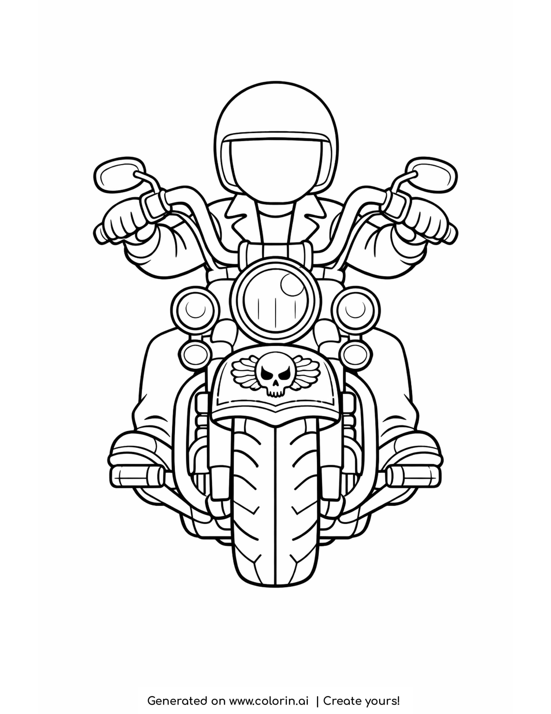 cruiser motorcycle coloring pages - rider seated upright on a wide cruiser seen from the front with five round lamps