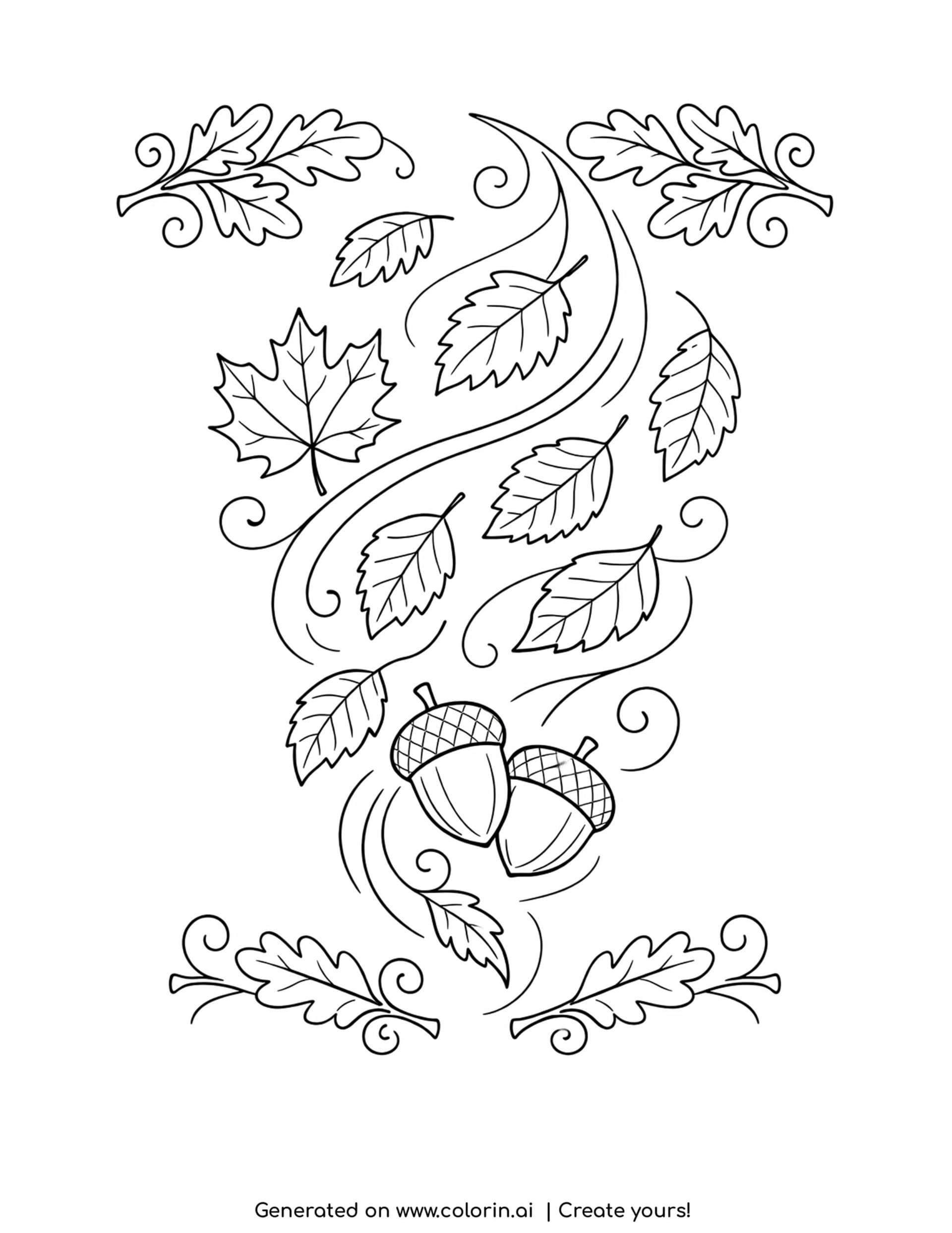 autumn leaves coloring pages, swirling fall leaves and acorns in a flowing decorative pattern