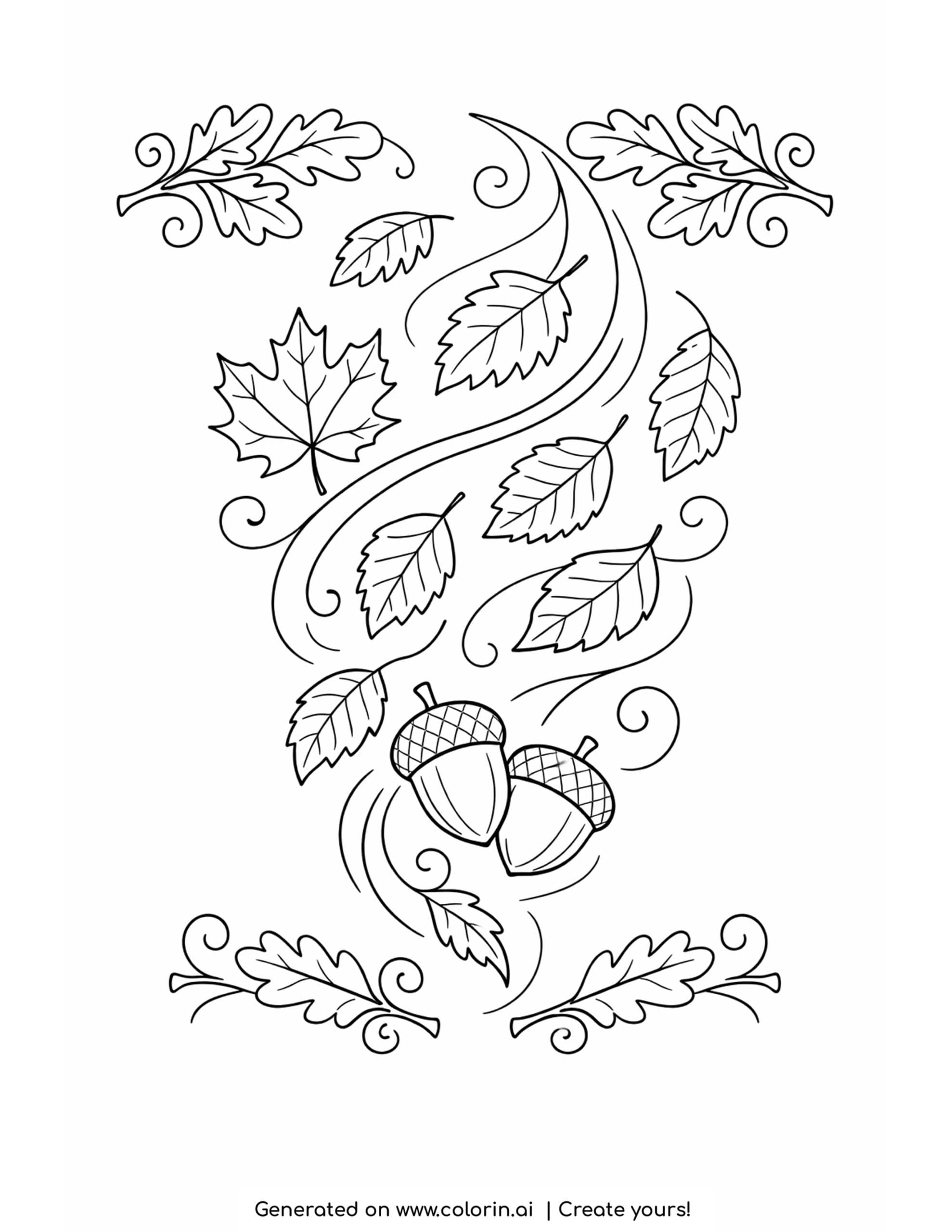 autumn leaves coloring pages, swirling fall leaves and acorns in a flowing decorative pattern