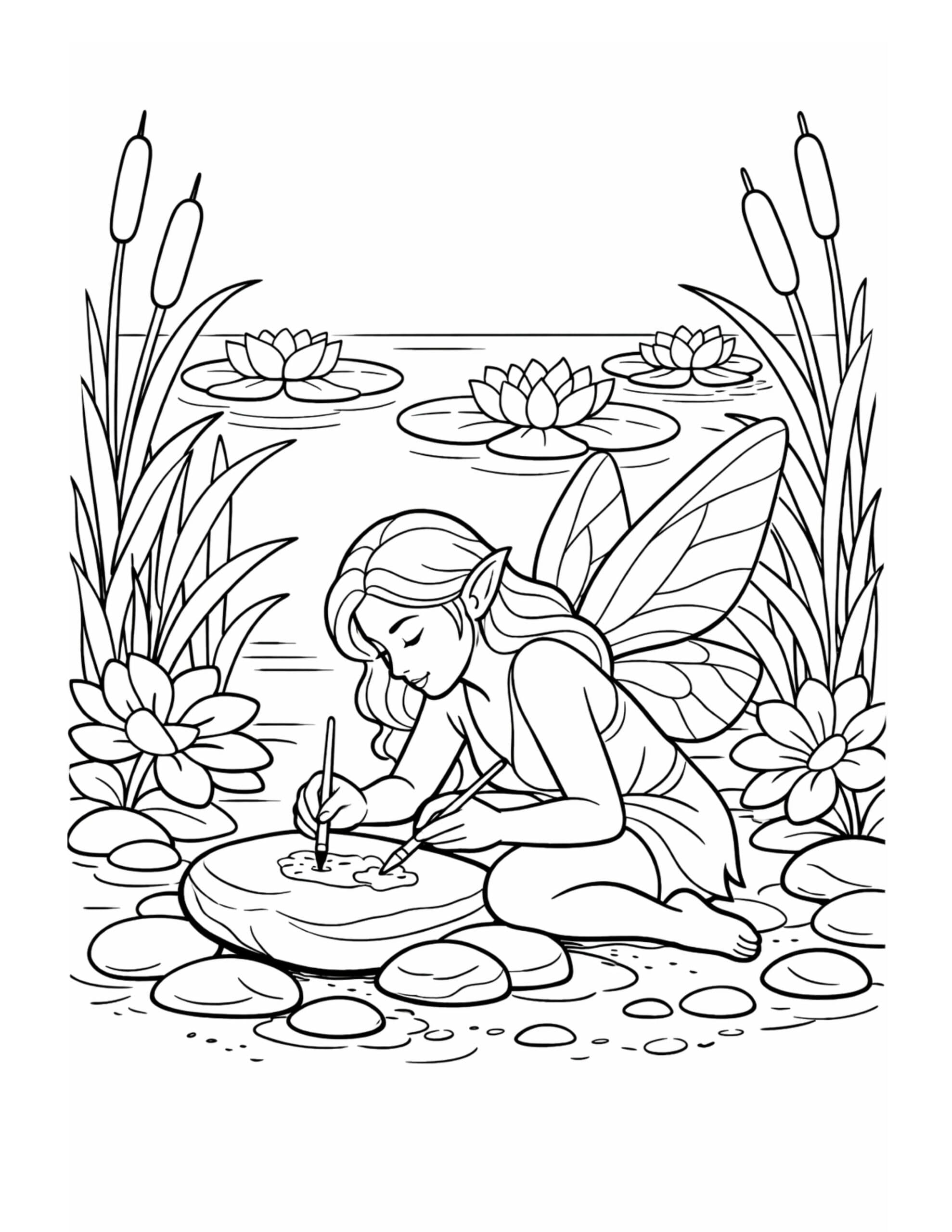 fairy painting stone by pond coloring page with wings, flowers, and water scene coloring page