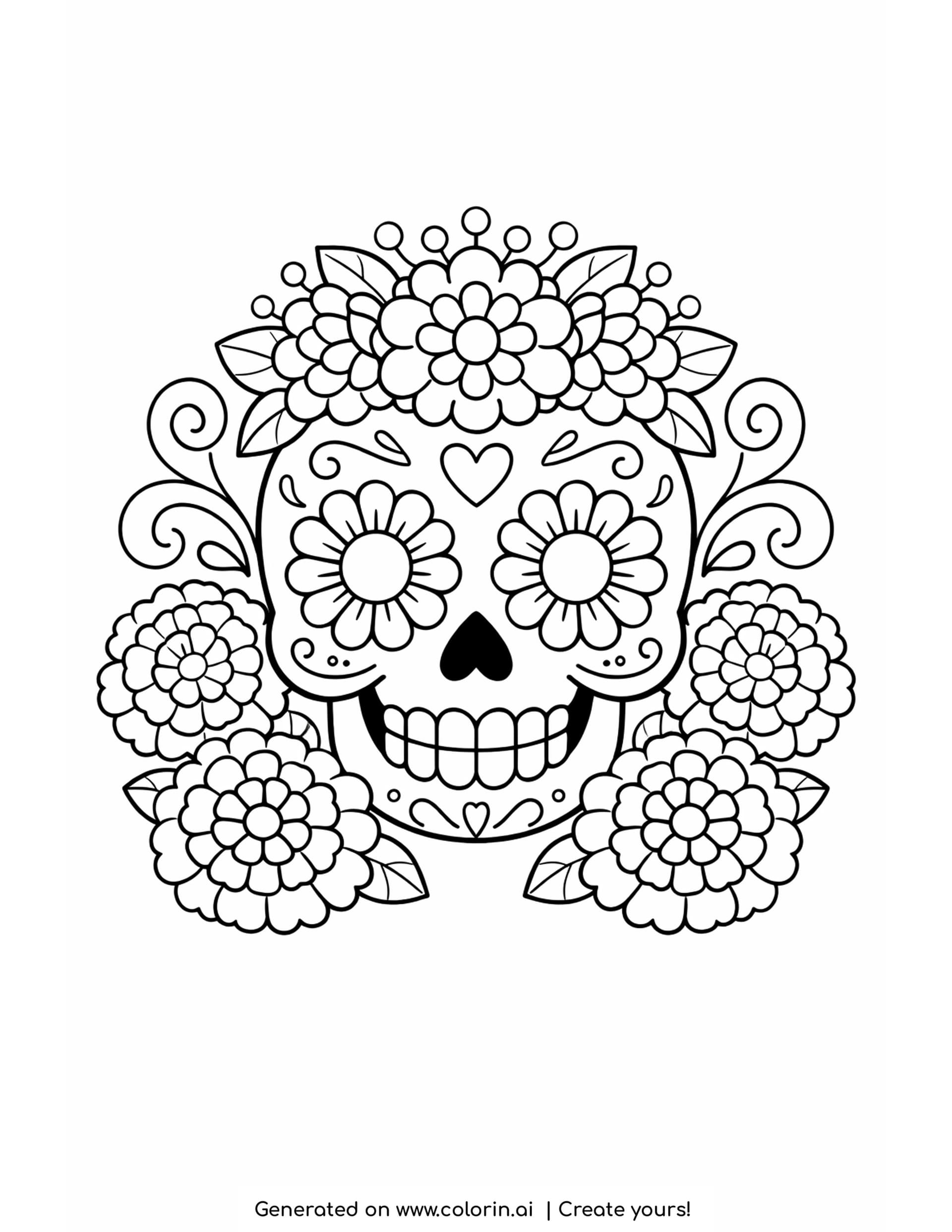 sugar skull with marigolds coloring pages, skull ringed by four marigold blooms with a flower crown and curling vines