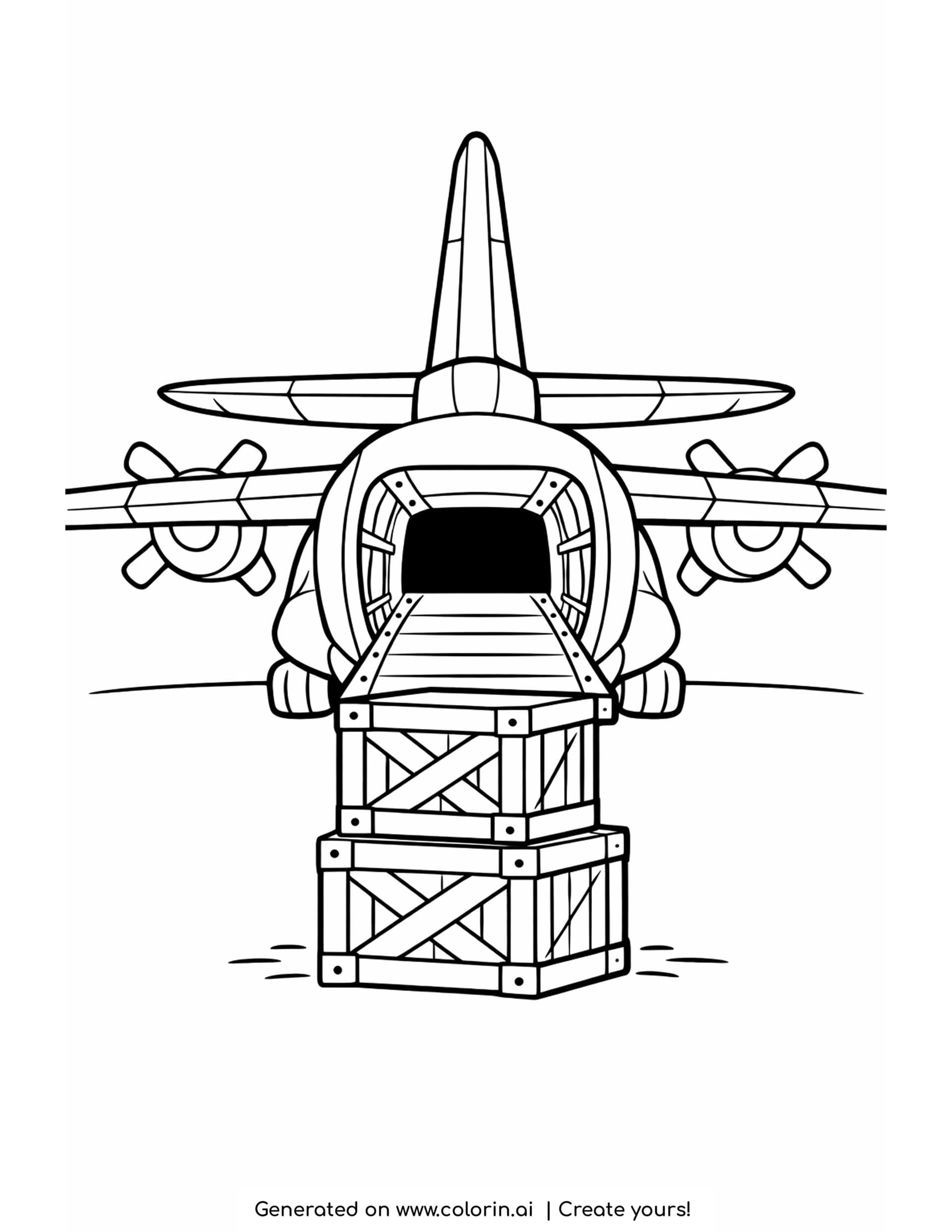 army airplane coloring page — military transport plane seen from behind with crates on the open ramp
