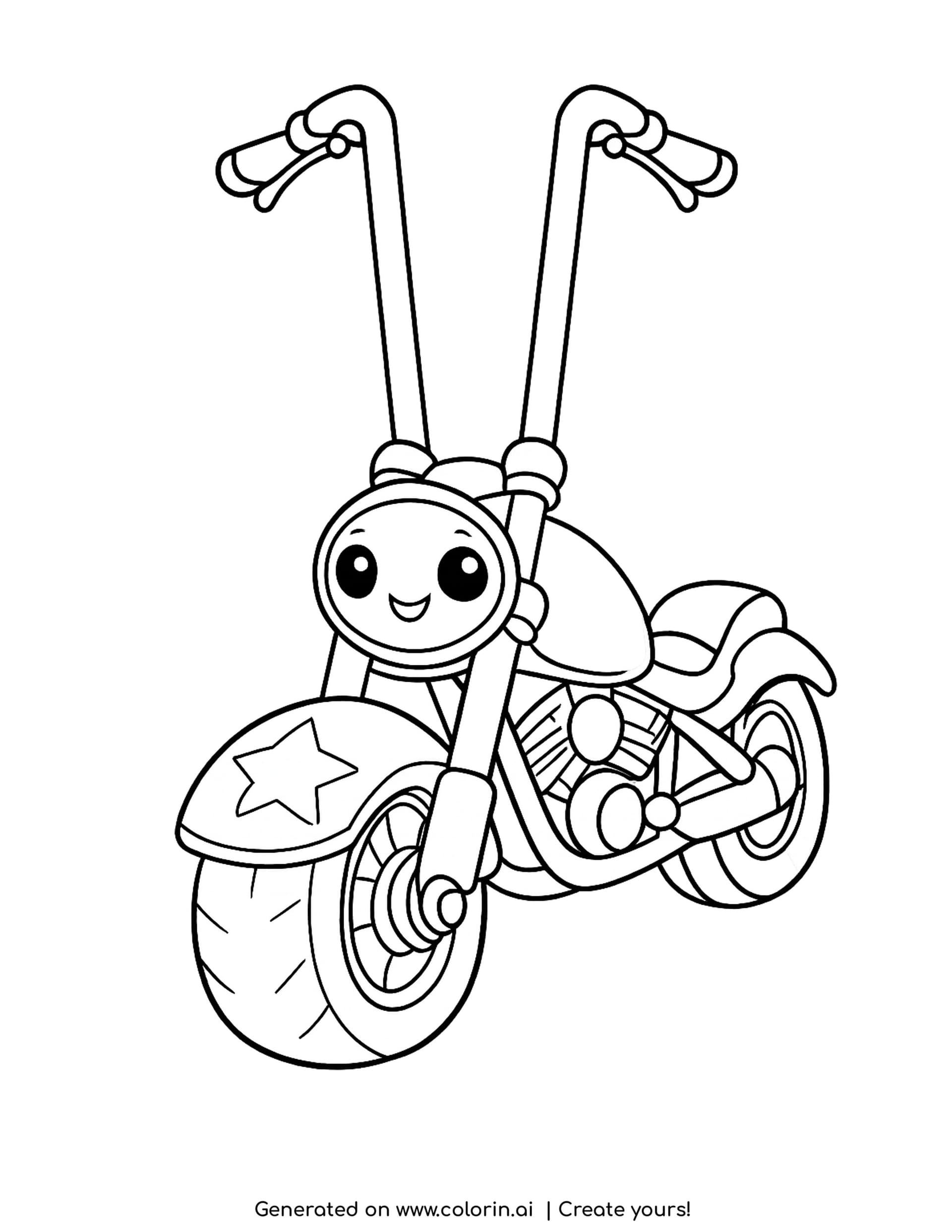 chopper coloring pages - cute smiling chopper with tall front forks, a star on the fender and a wide spoked front wheel