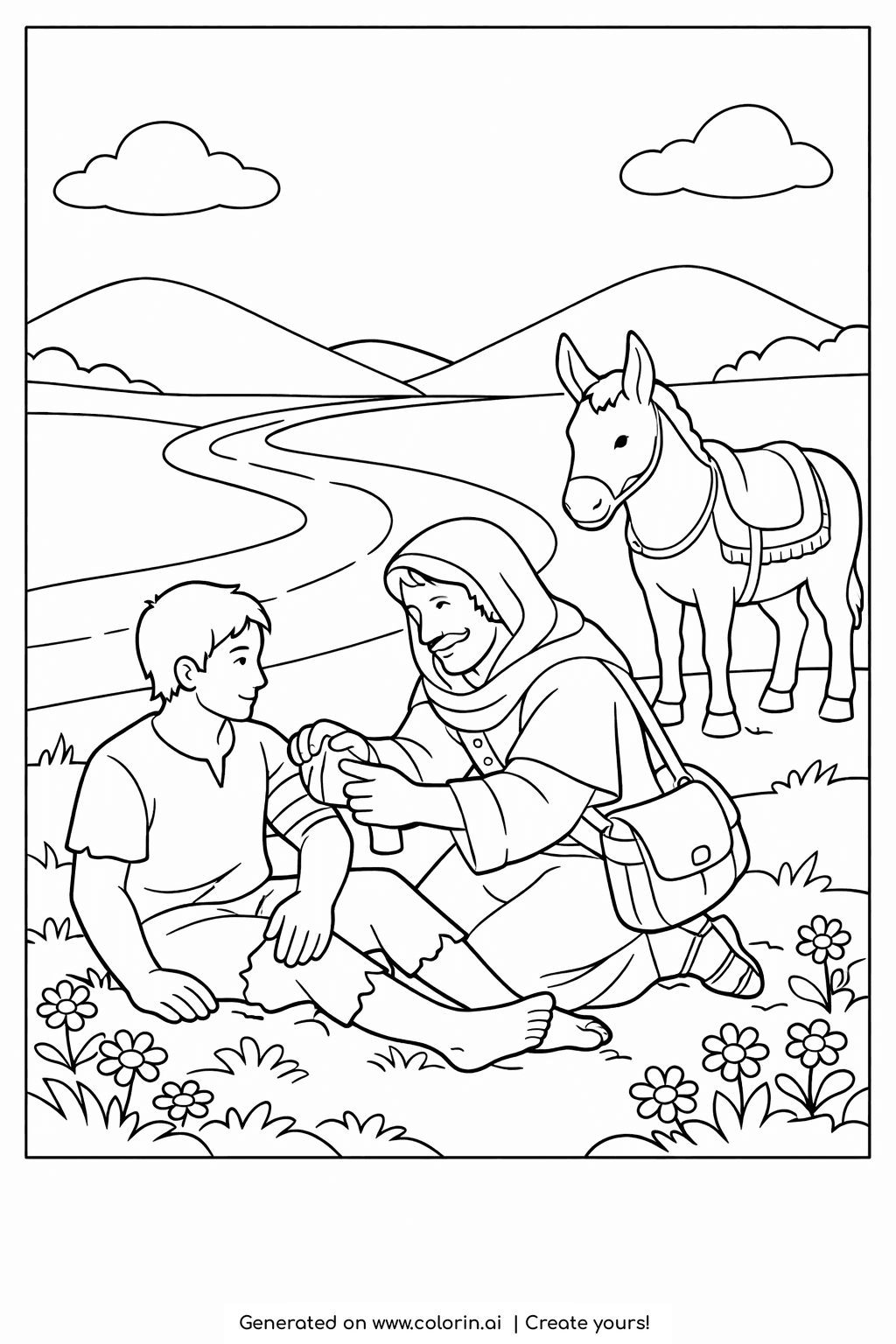 bible story coloring pages, the good Samaritan kneeling to help a hurt man on the road with a donkey nearby