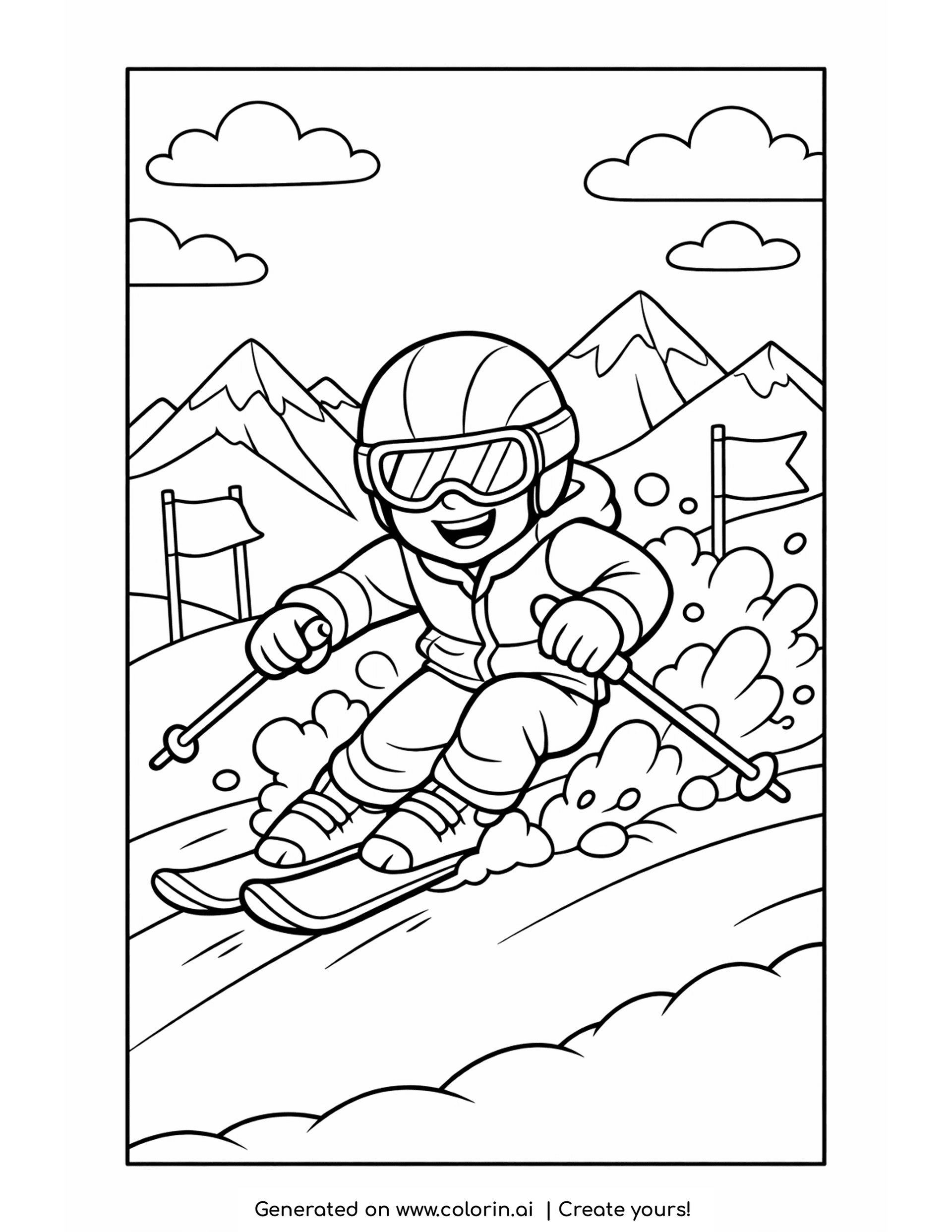 skiing coloring pages, a helmeted skier racing down a mountain slope past flags with snow spraying up