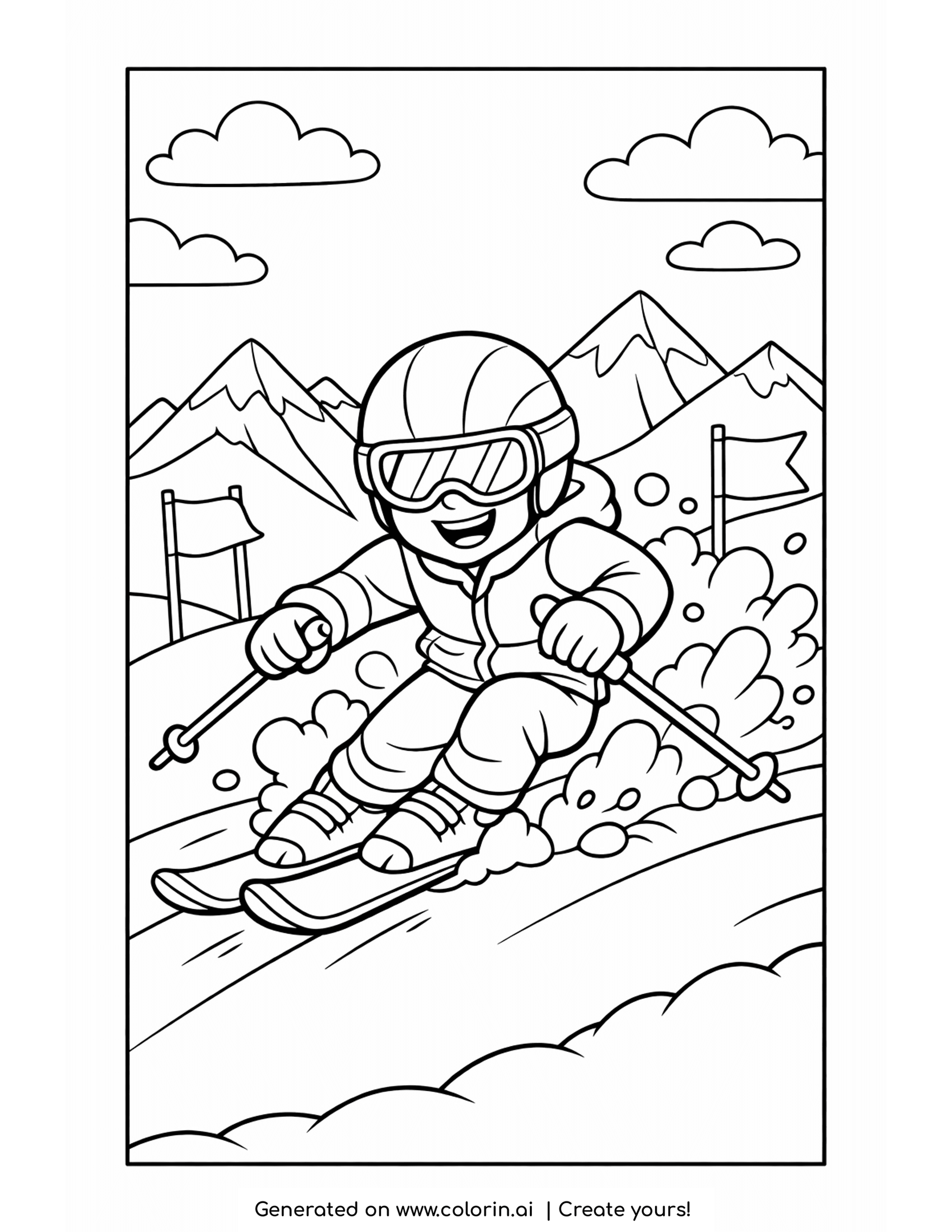 skiing coloring pages, a helmeted skier racing down a mountain slope past flags with snow spraying up