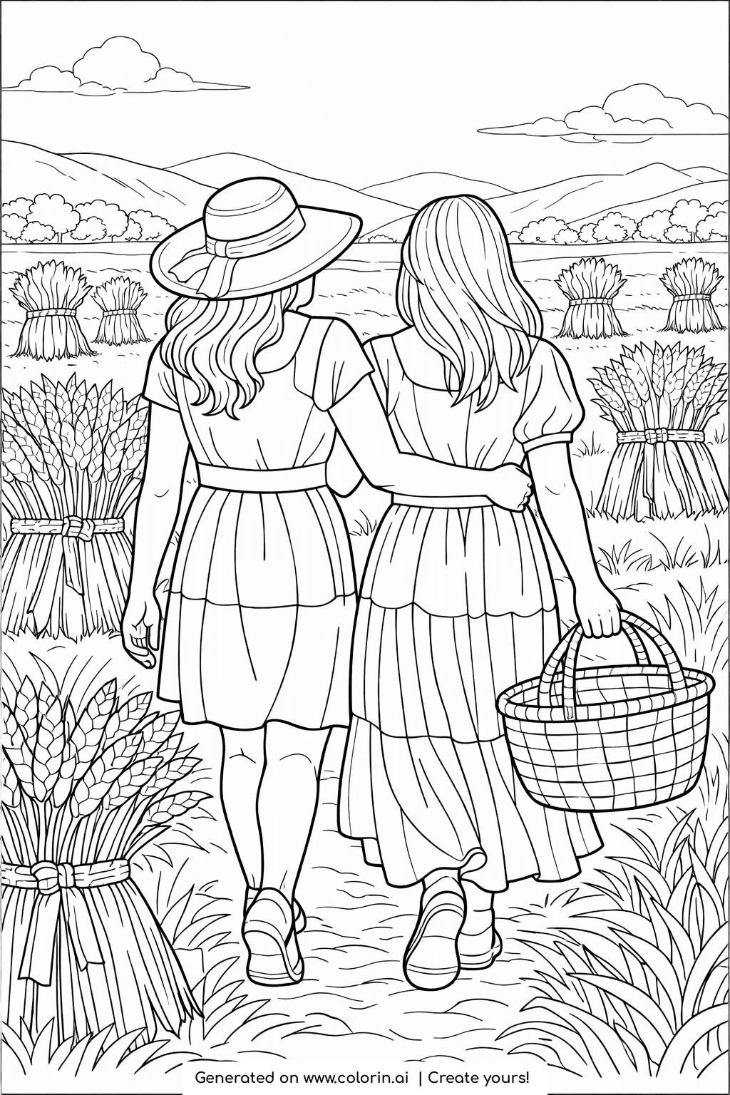 strong woman bible coloring pages for adults, Ruth and Naomi walking through a field of wheat sheaves with a basket