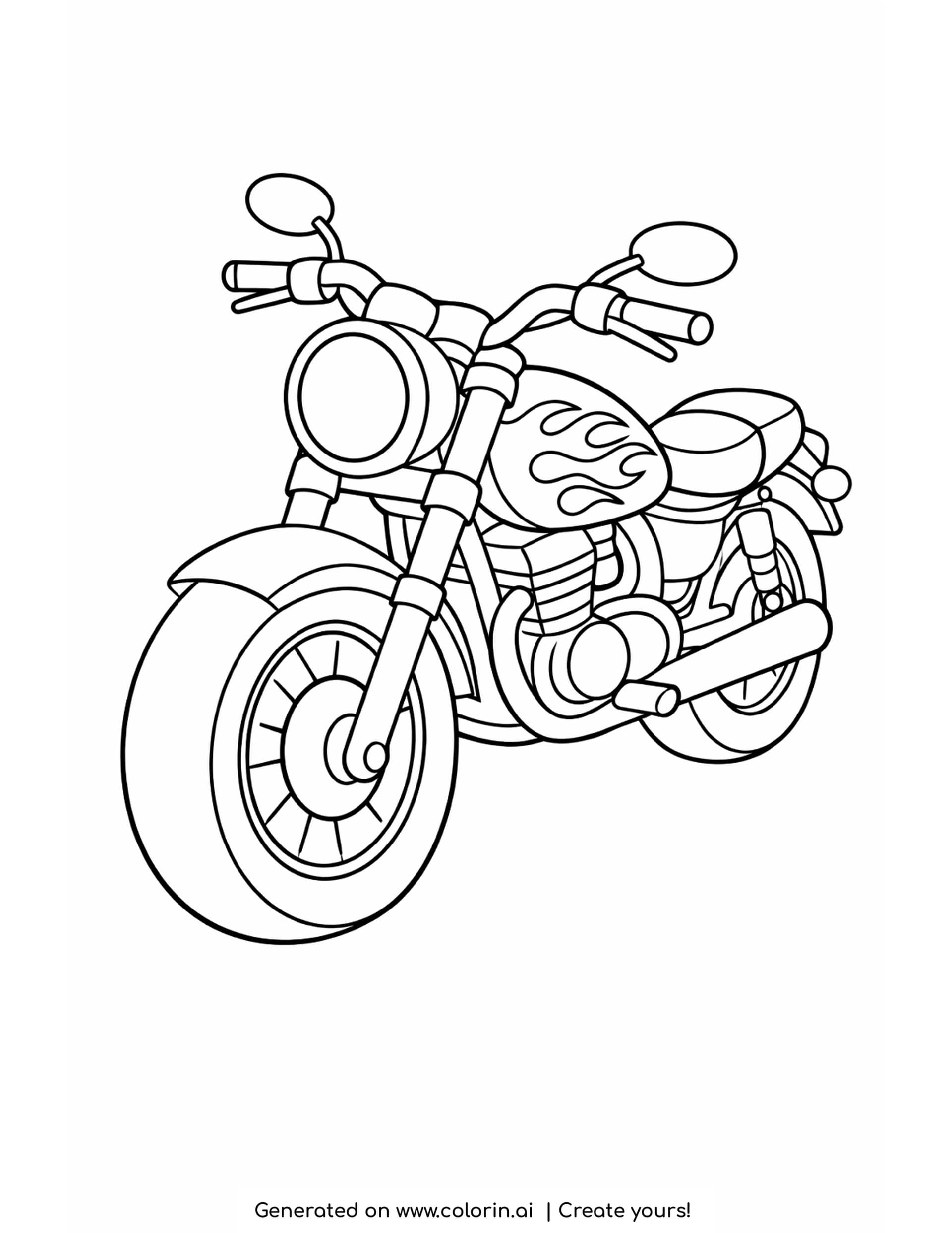 motorcycle coloring pages - one bold simple motorcycle seen from a front corner with thick outlines
