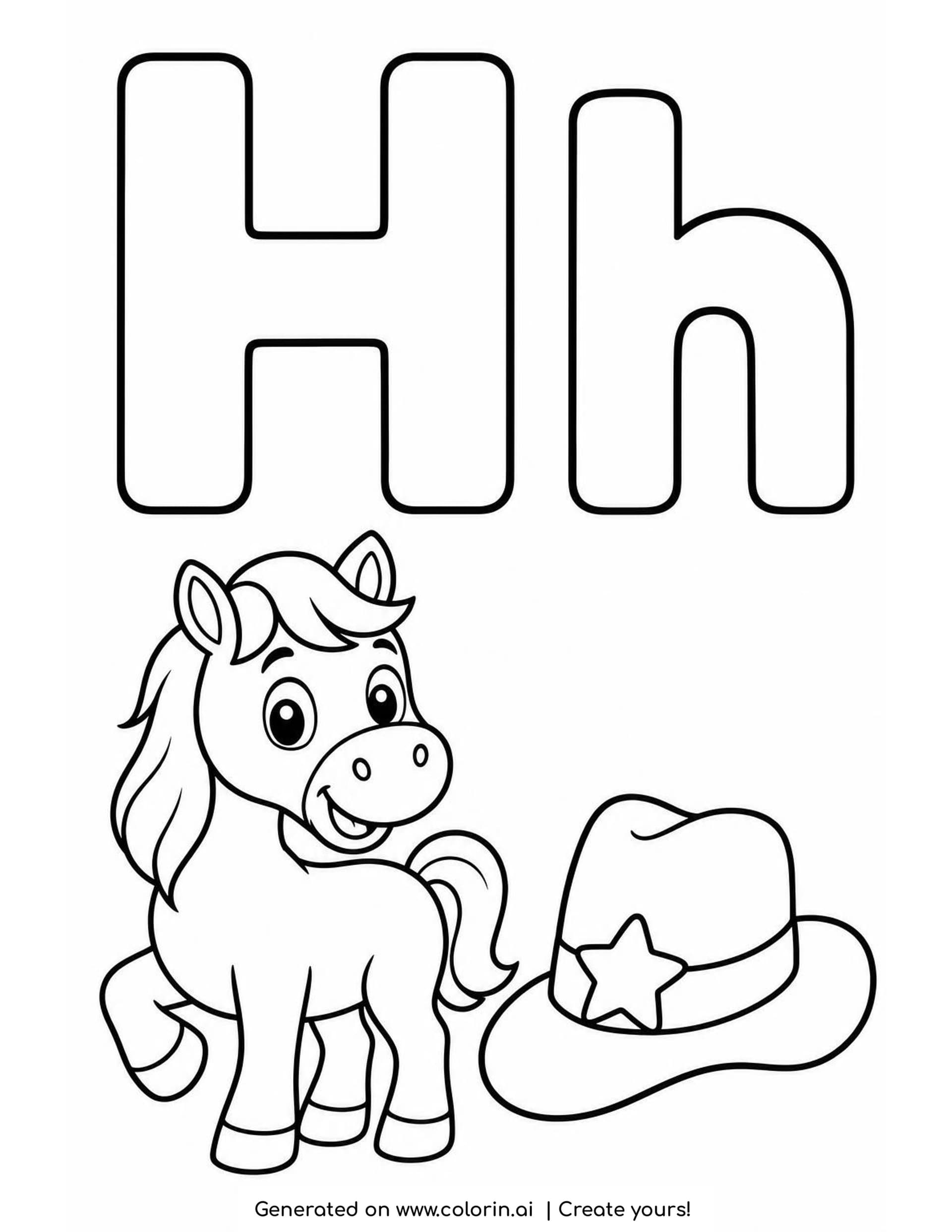 A letter H coloring page with a hollow capital H and lowercase h above a little horse with one front leg raised and a cowboy hat with a star on its band