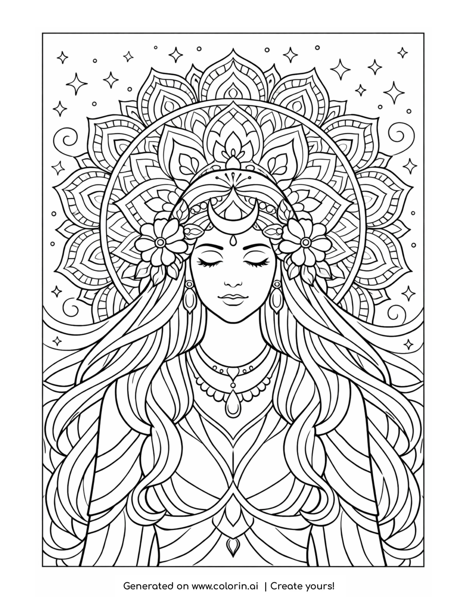 goddess with mandala halo coloring page with floral accents and stars