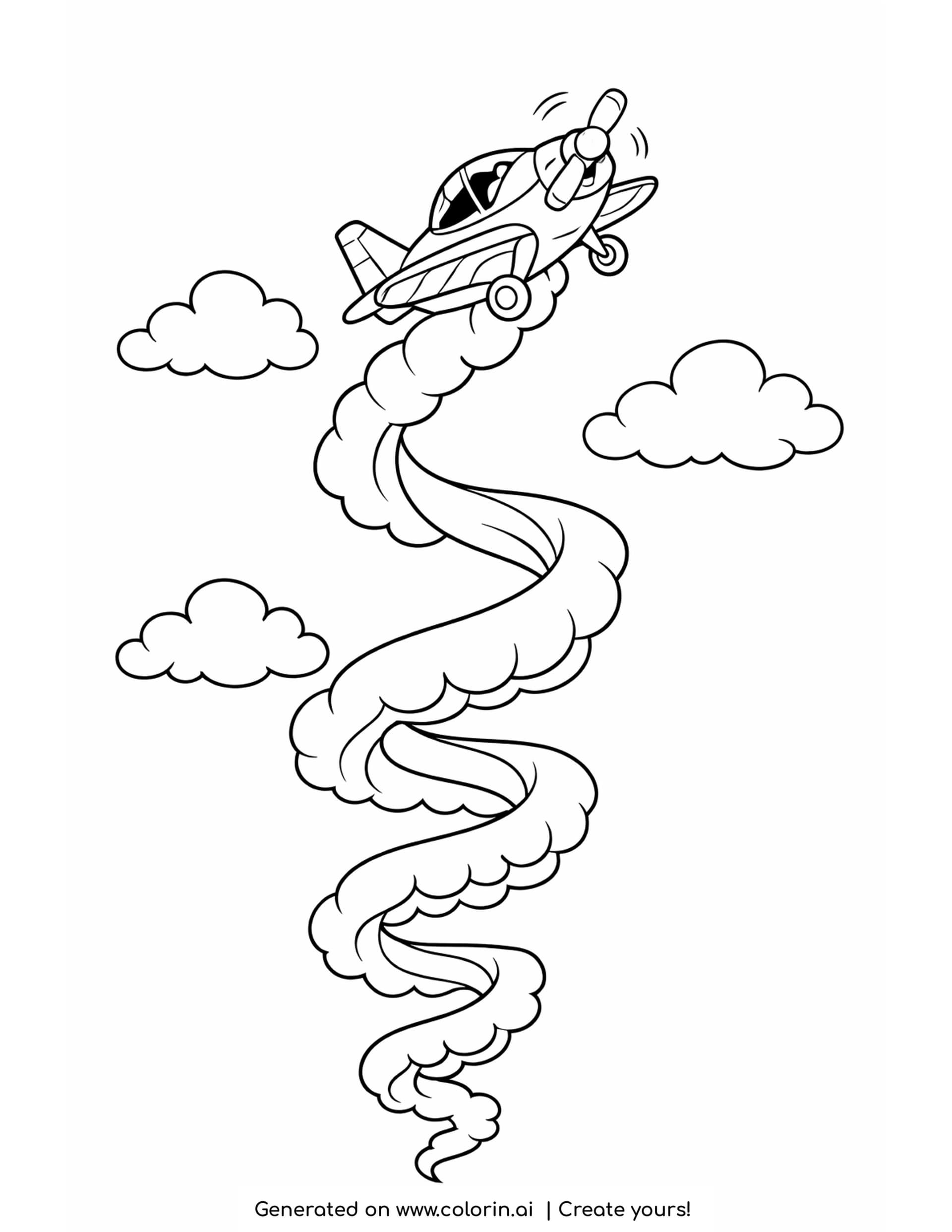stunt plane coloring pages — aerobatic plane climbing with a wide twisting smoke ribbon behind it