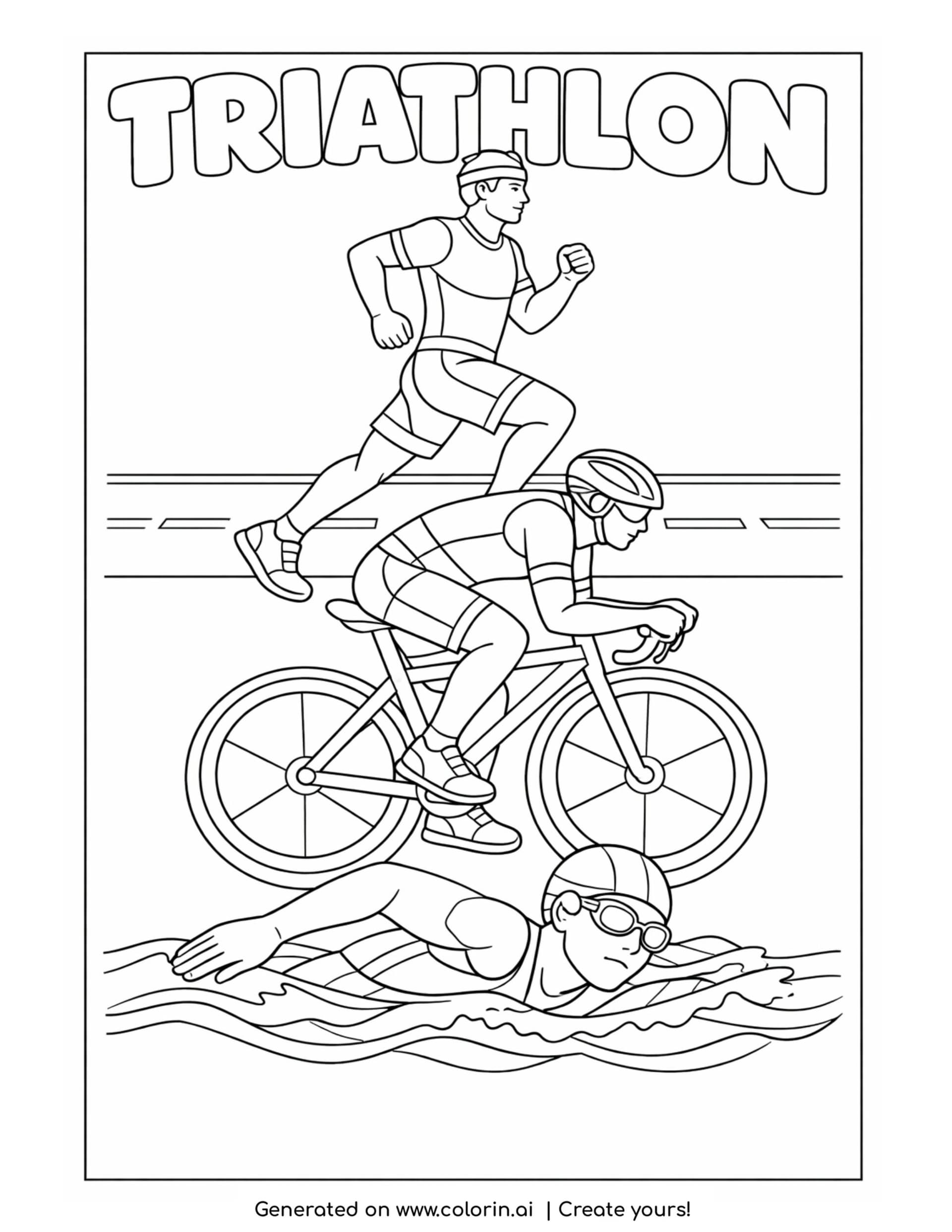 triathlon athlete swimming cycling running coloring page with three sports stacked in one dynamic scene coloring page