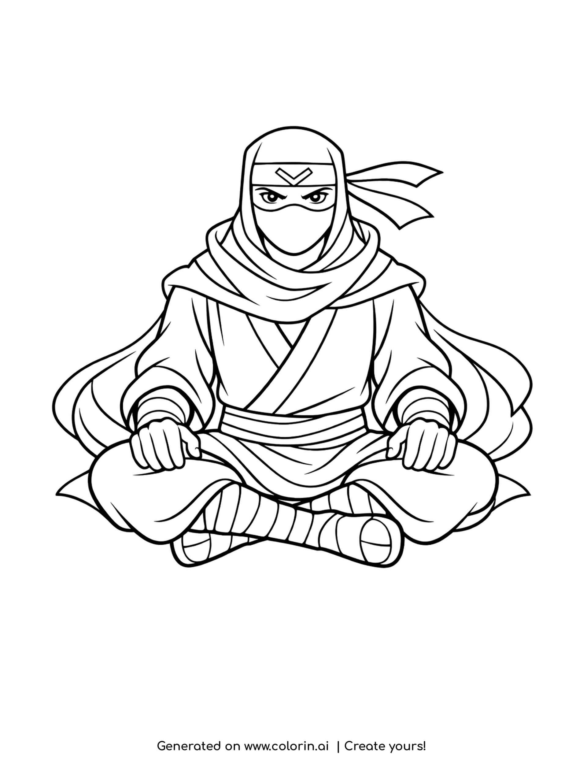 simple sitting ninja coloring pages - ninja sitting cross legged in a draped robe with hands on the knees