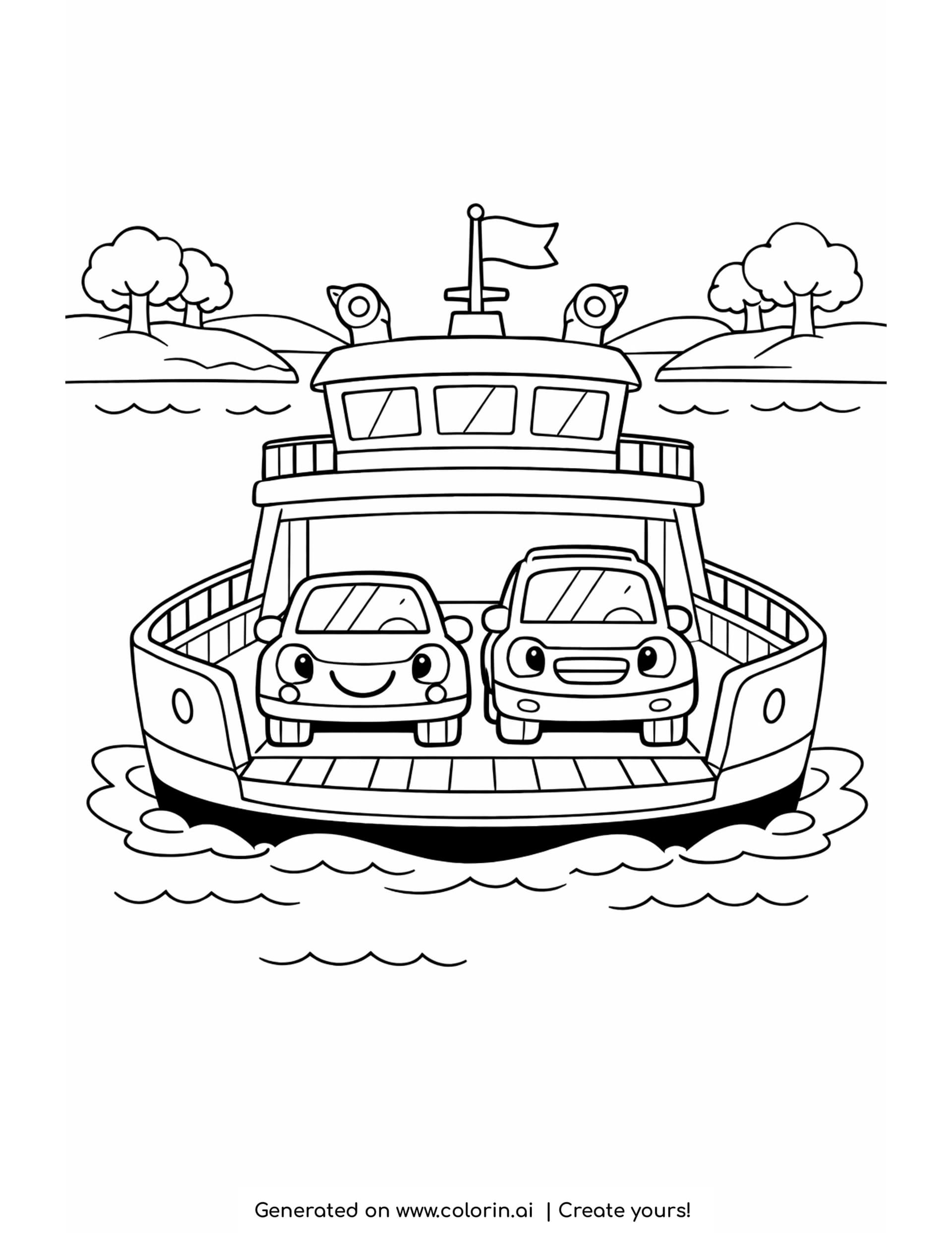 ferry deck with cars coloring pages - a wide car ferry seen from the front with two smiling cars on its open deck and a shore with trees