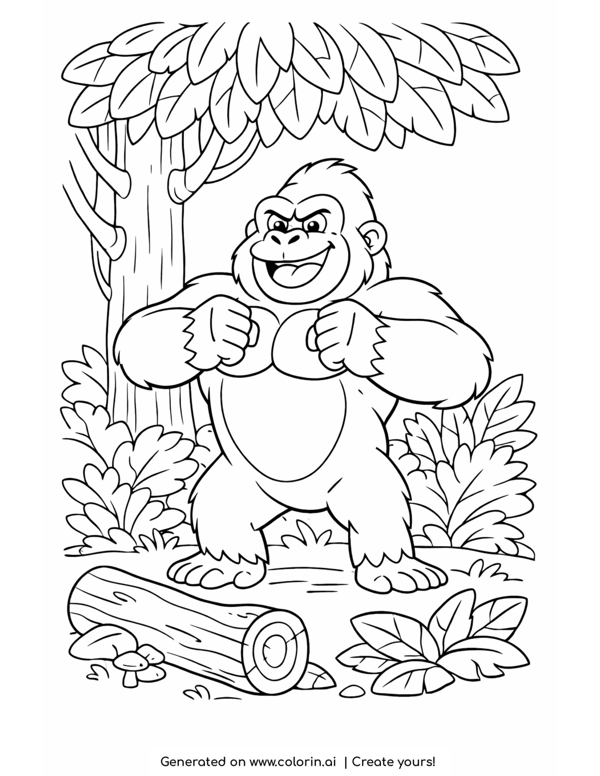 gorilla coloring pages, a proud gorilla beating its chest in the jungle beside a log and mushrooms